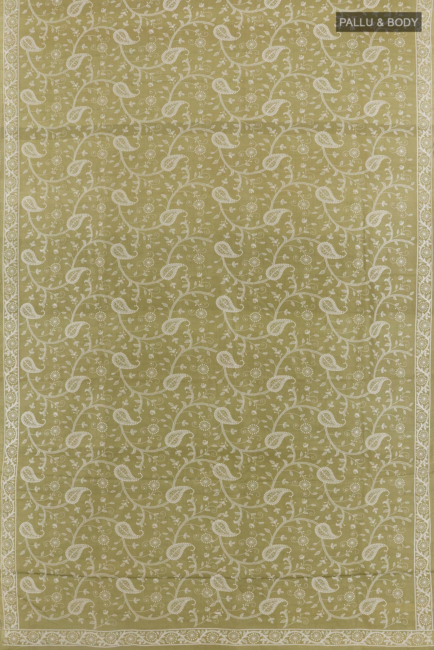 Flat view of Mehandi Green Tussar Saree with Embroidery on the body and Embroidery Border. 