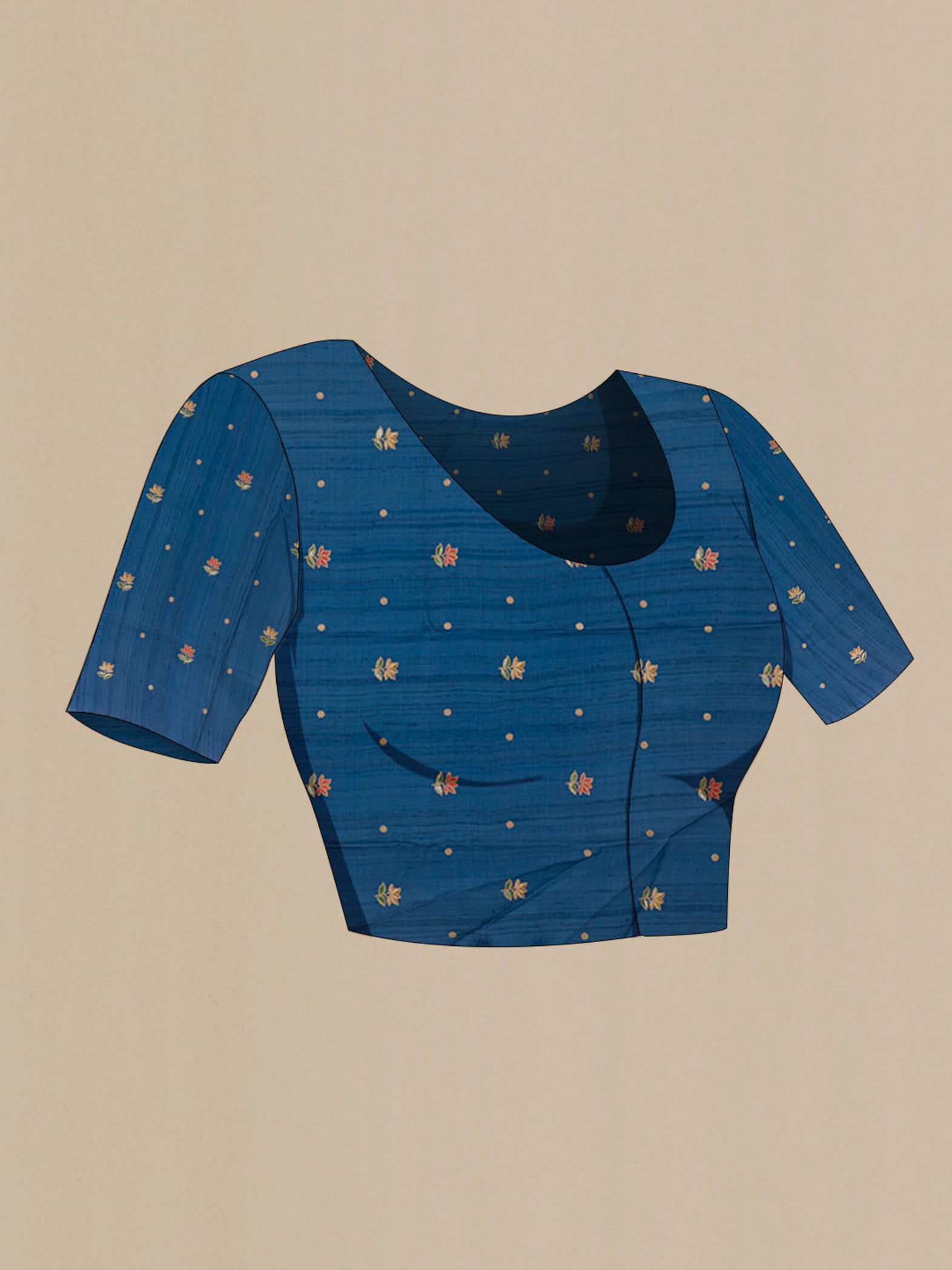 Close up image of the blouse of Blue Tussar Saree with Thread Butta on the body and Zari Border. 