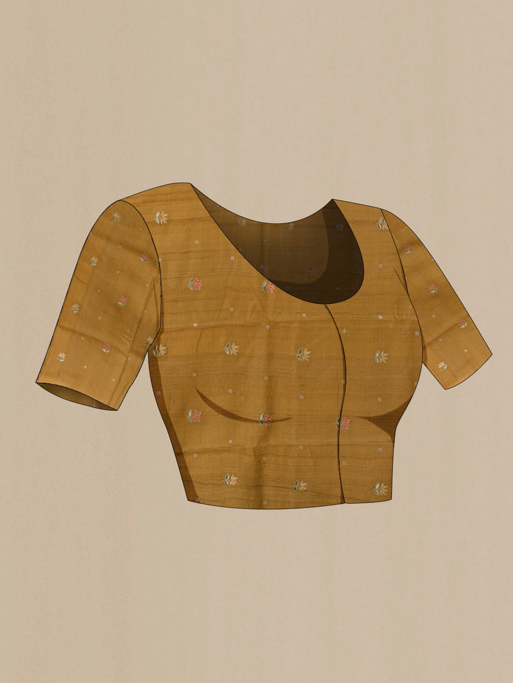 Close up image of the blouse of Mustard Tussar Saree with Thread Butta on the body and Zari Border. 