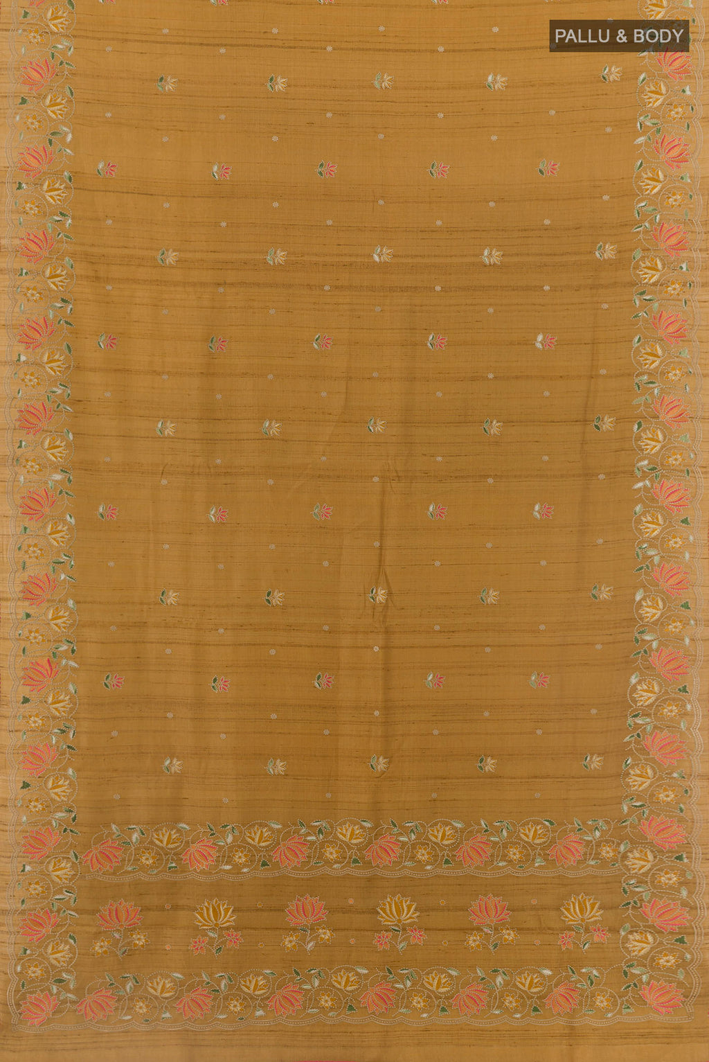 Flat view of Mustard Tussar Saree with Thread Butta on the body and Zari Border. 