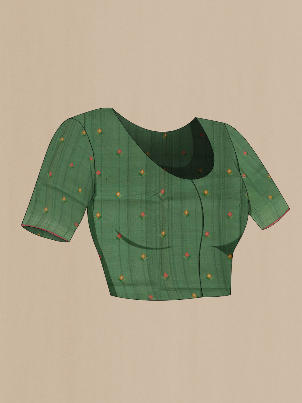 Close up image of the blouse of Green Tussar Saree with Thread Butta on the body and Embroidery Border. 