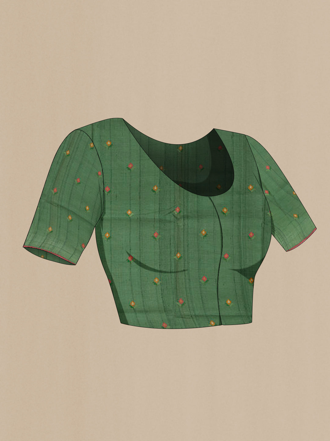 Close up image of the blouse of Green Tussar Saree with Thread Butta on the body and Embroidery Border. 