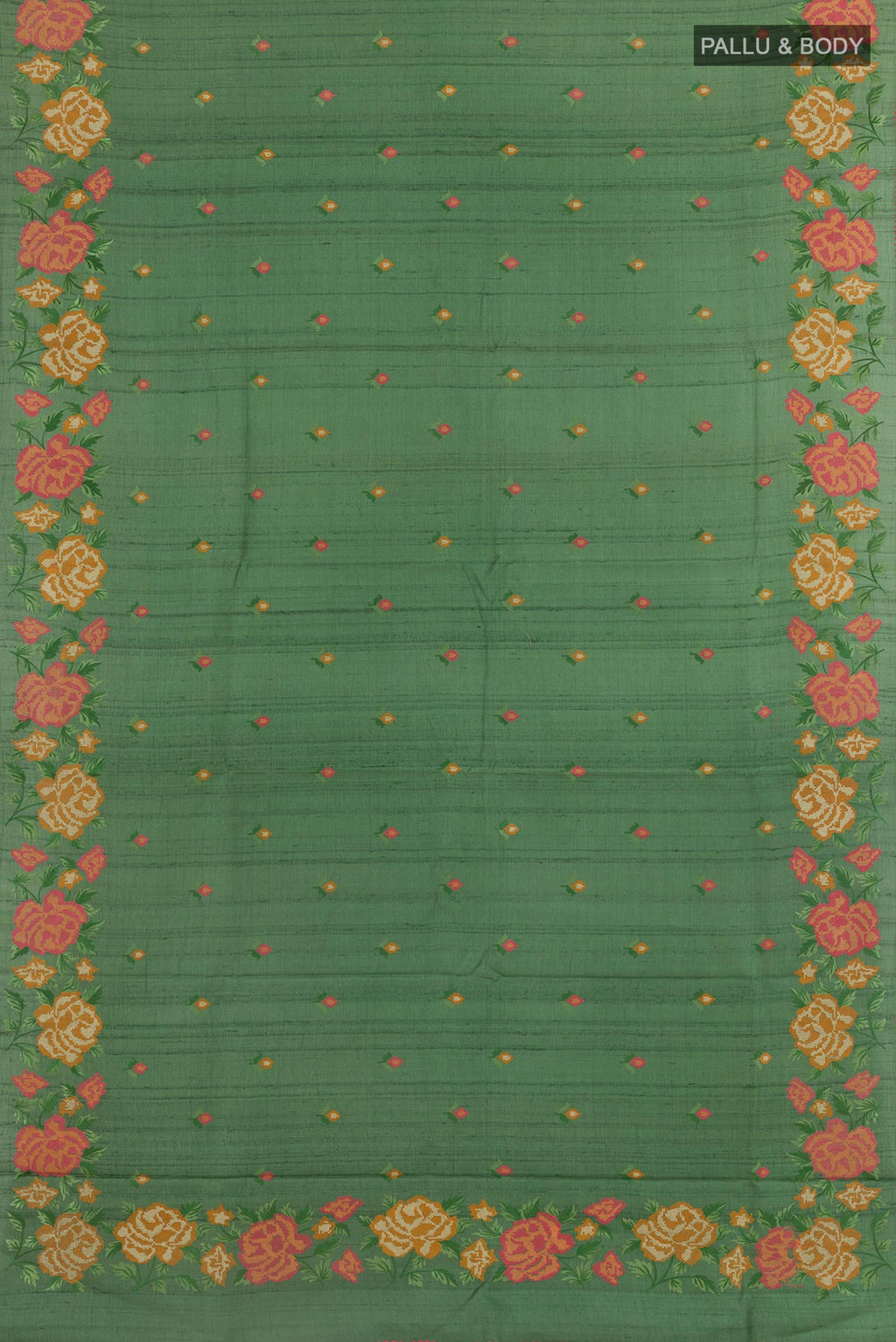 Flat view of Green Tussar Saree with Thread Butta on the body and Embroidery Border. 