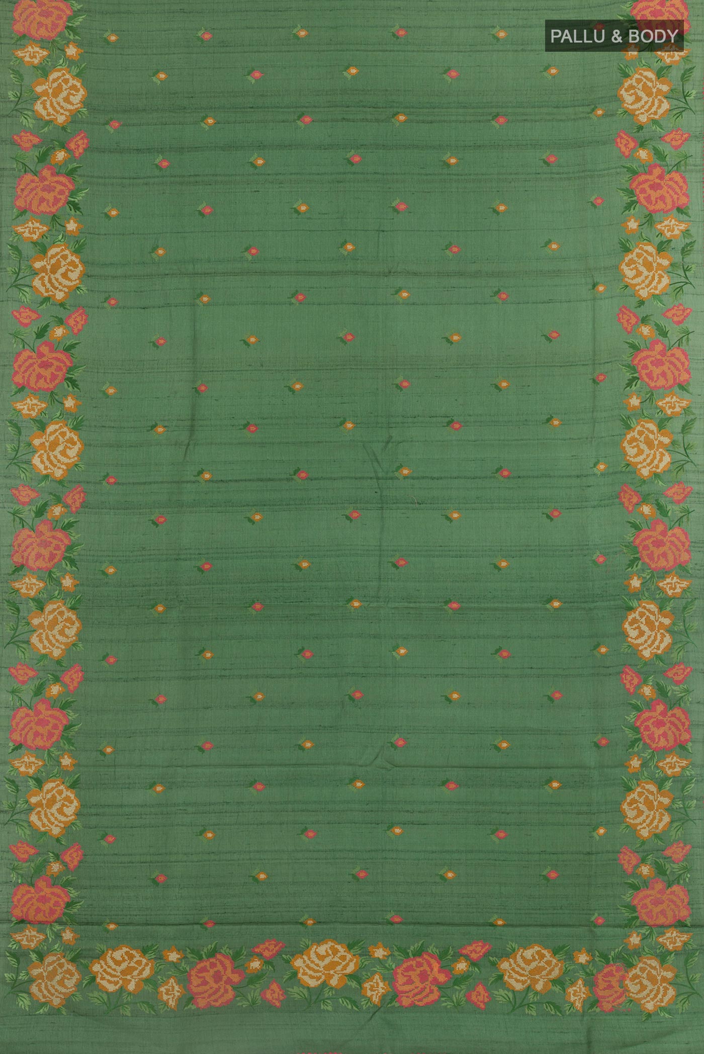 Flat view of Green Tussar Saree with Thread Butta on the body and Embroidery Border. 