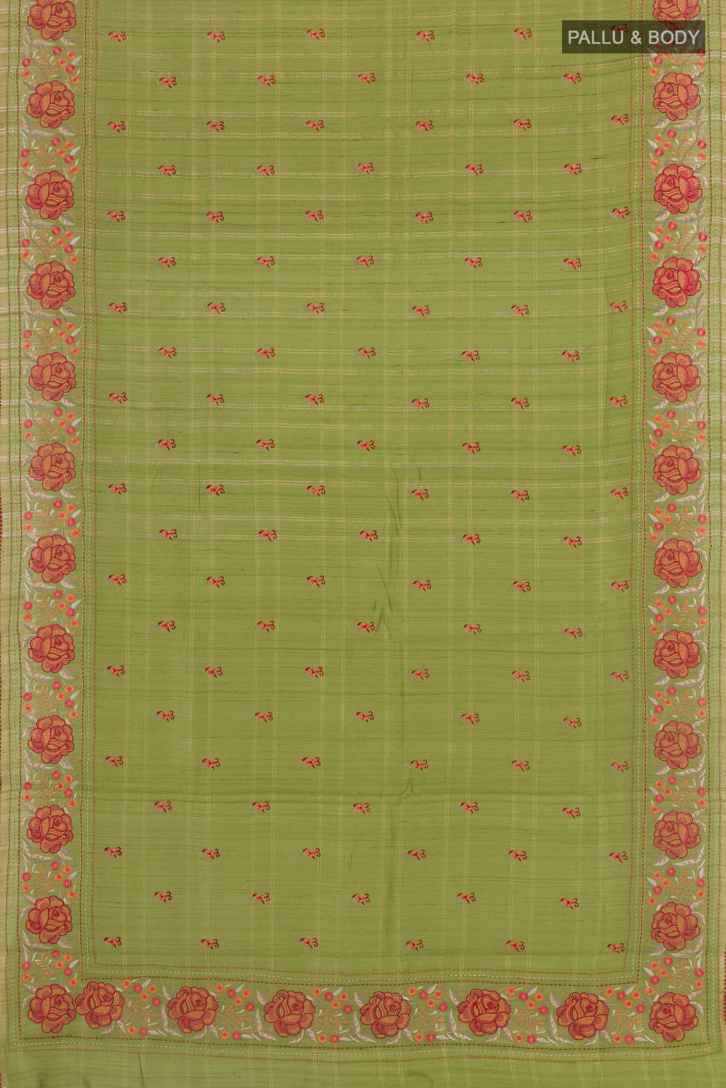 Flat view of Green Tussar Saree with Thread Butta on the body and Embroidery Border. 