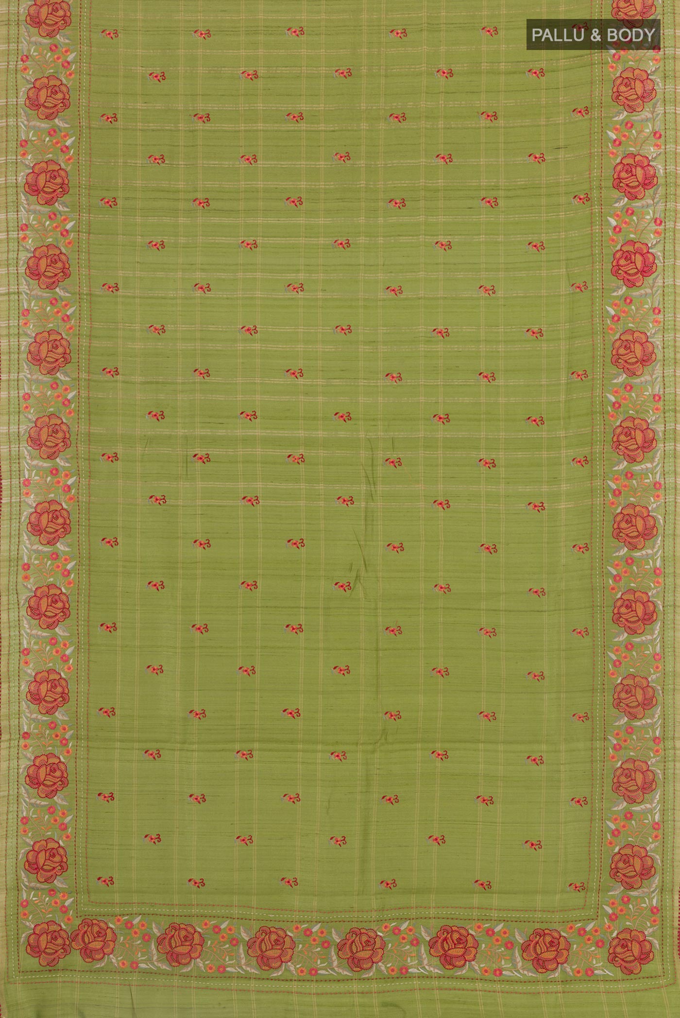 Flat view of Green Tussar Saree with Thread Butta on the body and Embroidery Border. 