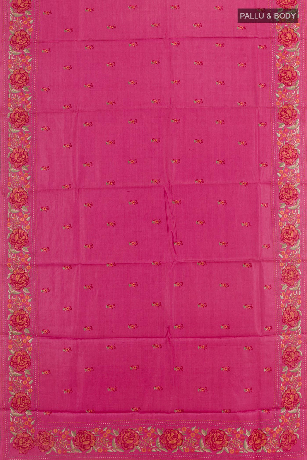 Flat view of Pink Tussar Silk Saree with Embroidery on the body and Embroidery Border. 