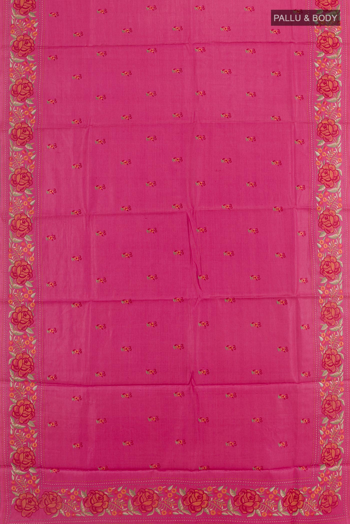 Flat view of Pink Tussar Silk Saree with Embroidery on the body and Embroidery Border. 