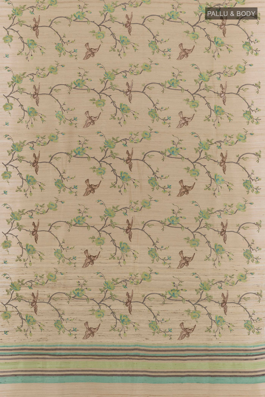 Flat view of Beige Tussar Saree with Embroidery on the body and Embroidery Border. 