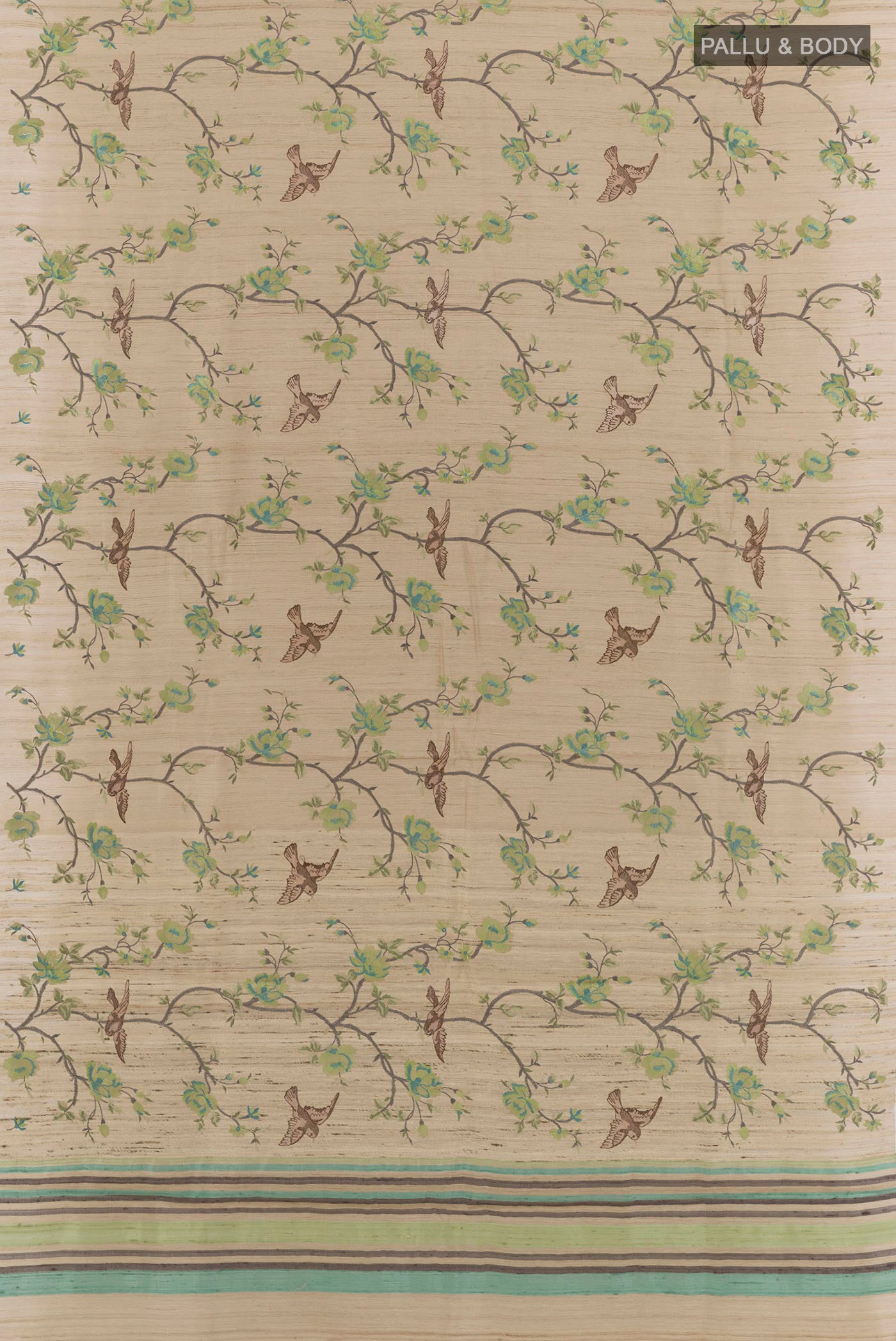Flat view of Beige Tussar Saree with Embroidery on the body and Embroidery Border. 