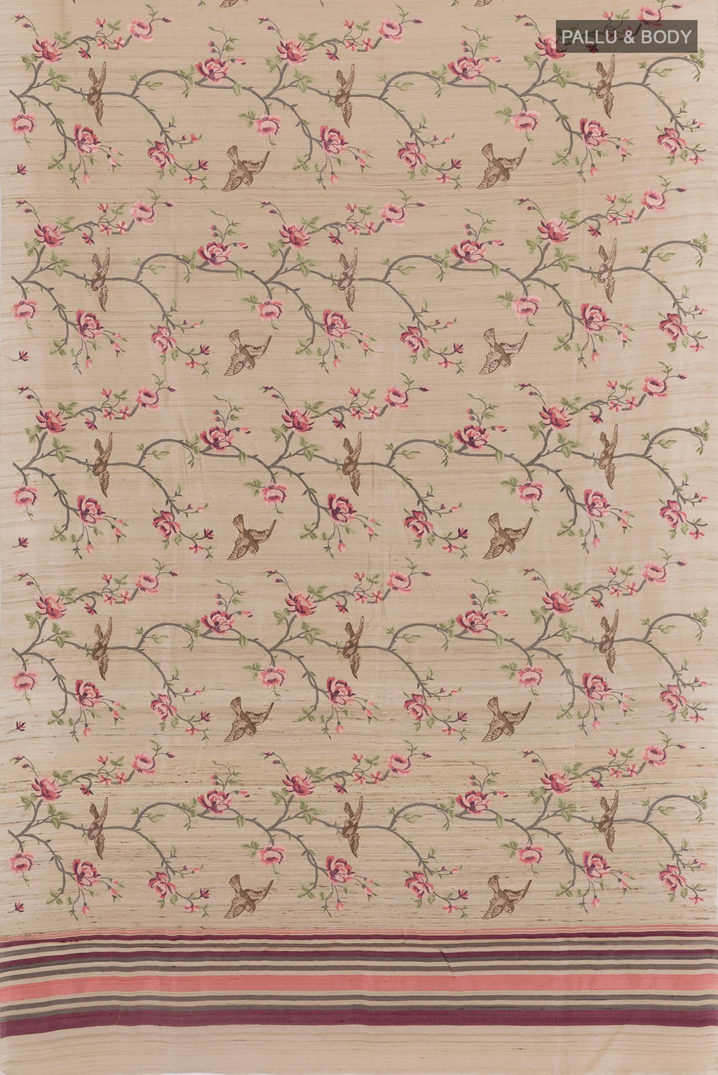 Flat view of Beige Tussar Saree with Embroidery on the body and Embroidery Border. 