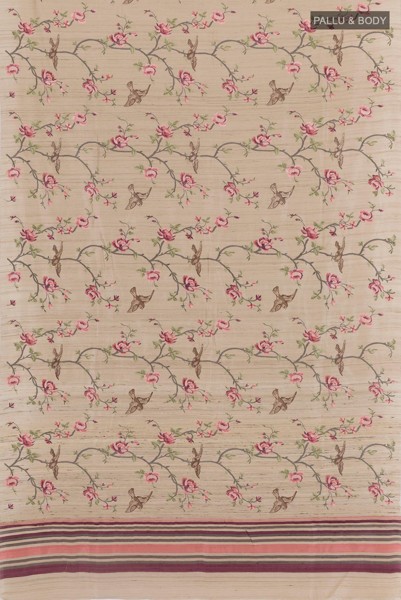 Flat view of Beige Tussar Saree with Embroidery on the body and Embroidery Border. 