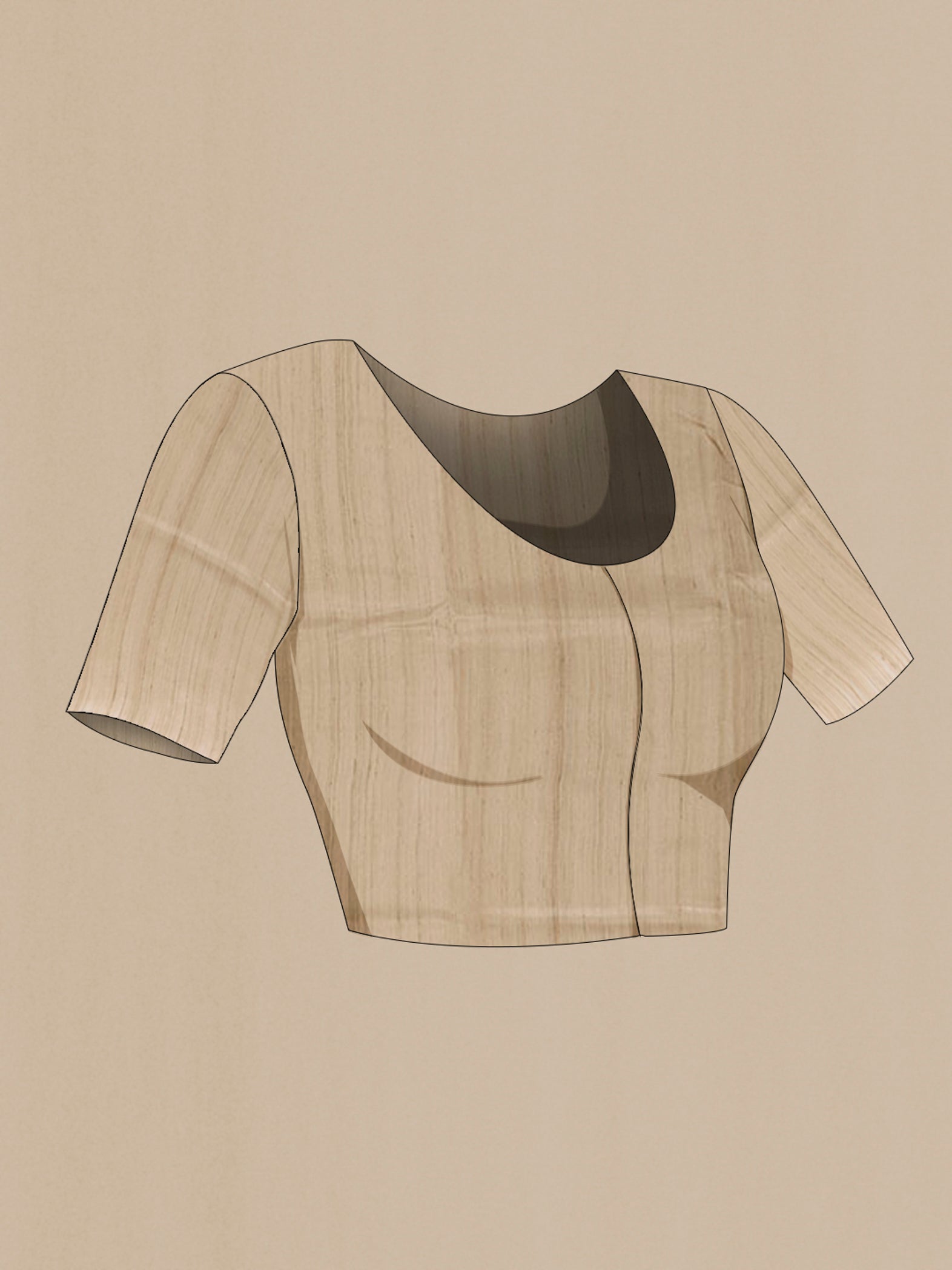 Close up image of the blouse of Beige Tussar Saree with Embroidery on the body and Embroidery Border. 