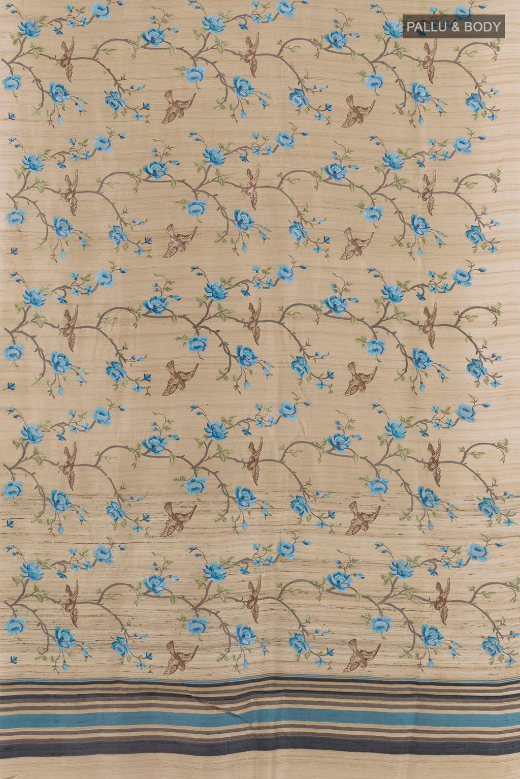 Flat view of Beige Tussar Saree with Embroidery on the body and Embroidery Border. 