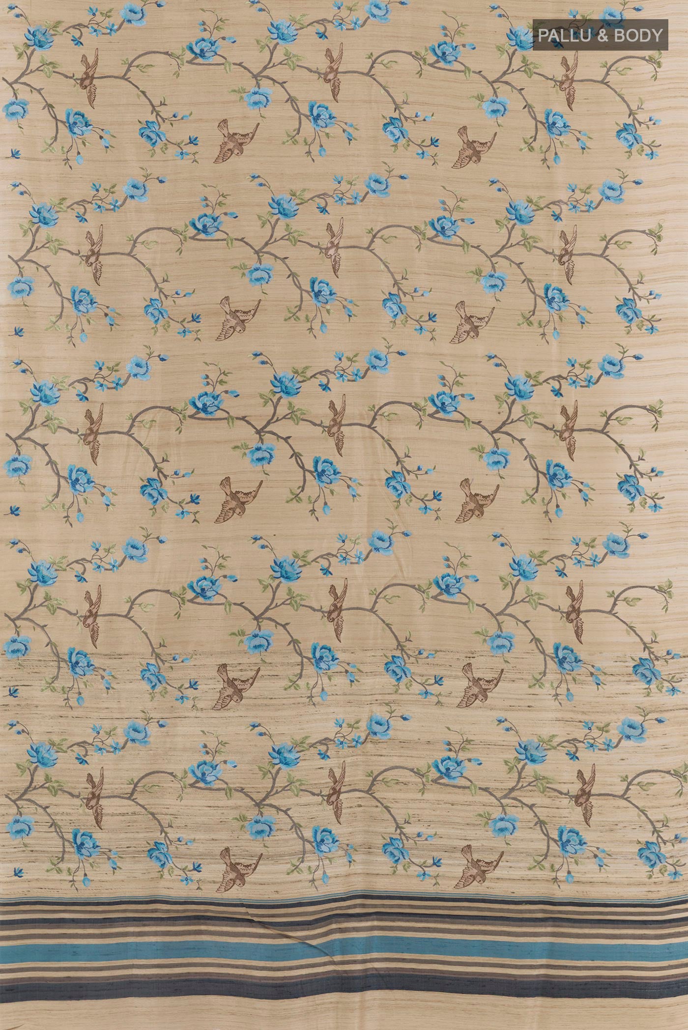 Flat view of Beige Tussar Saree with Embroidery on the body and Embroidery Border. 