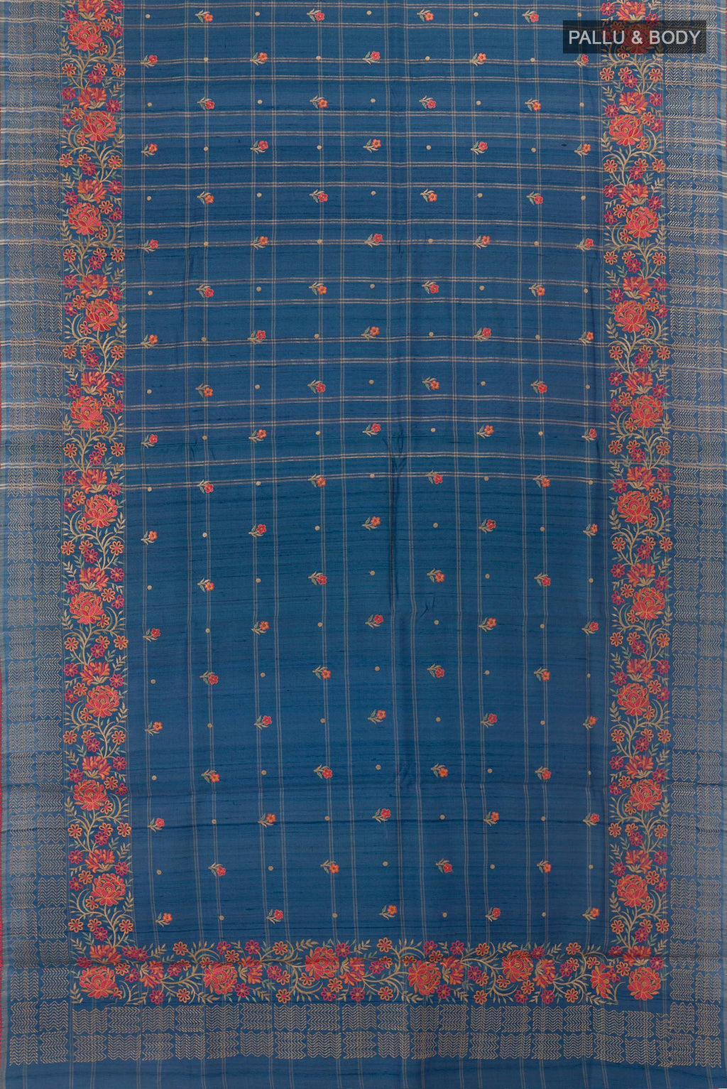 Flat view of Blue Tussar Saree with Thread Butta on the body and Embroidery Border. 