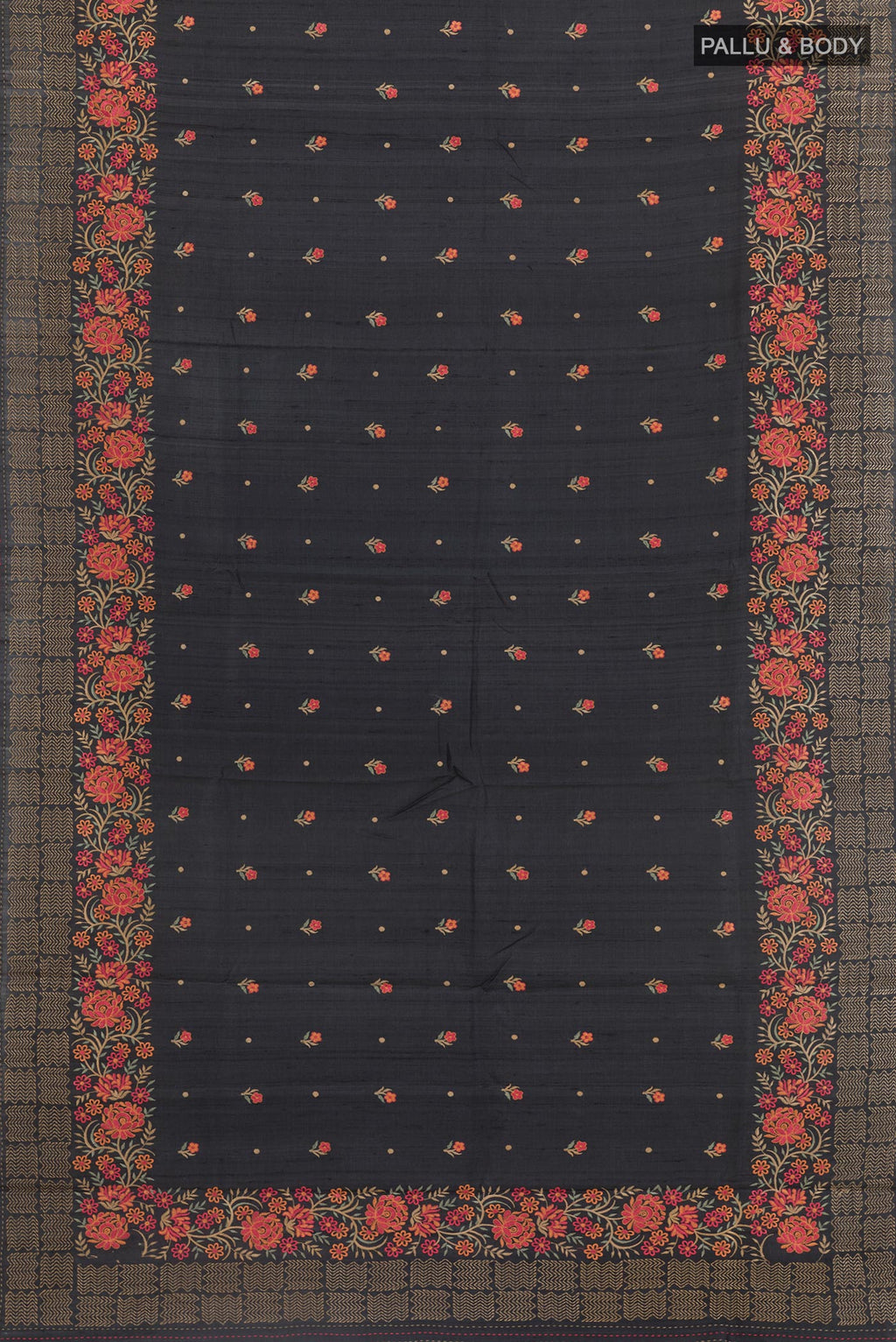 Flat view of Black Tussar Saree with Thread Butta on the body and Embroidery Border. 