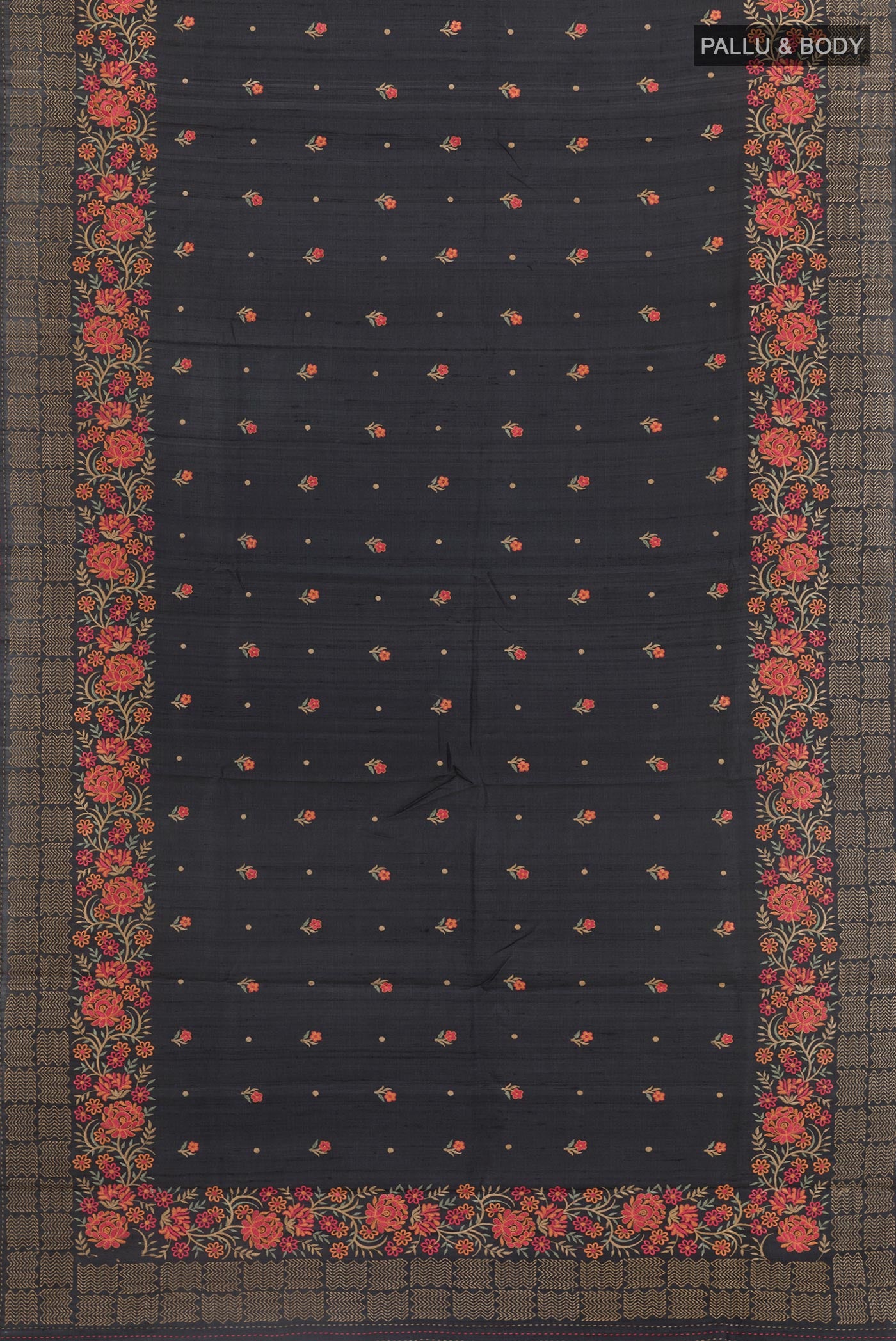 Flat view of Black Tussar Saree with Thread Butta on the body and Embroidery Border. 
