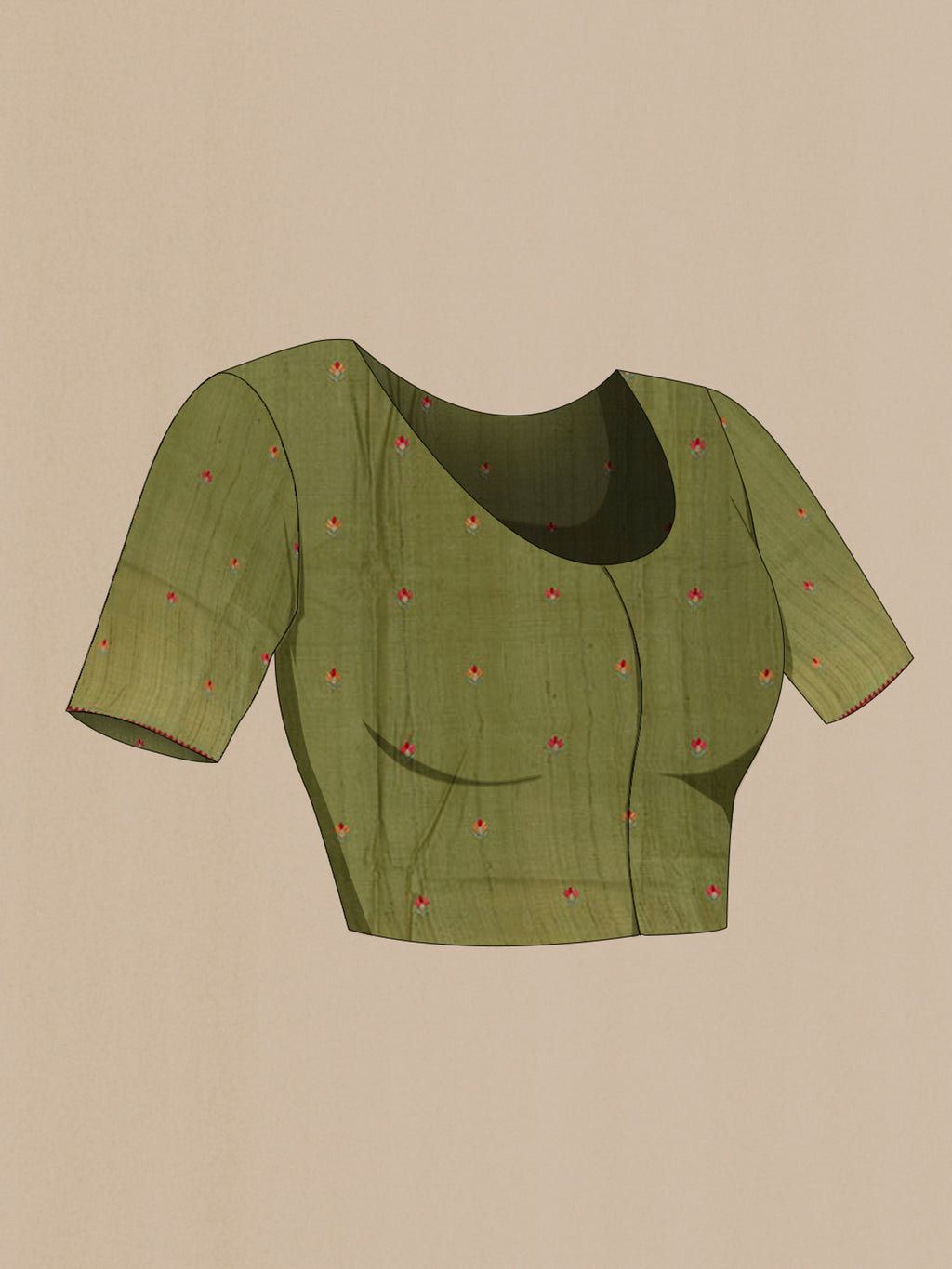 Close up image of the blouse of Olive Green Tussar Saree with Thread Butta on the body and Embroidery Border. 