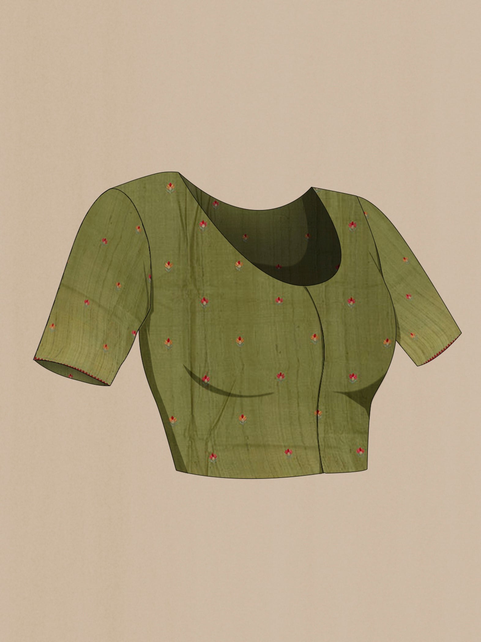 Close up image of the blouse of Olive Green Tussar Saree with Thread Butta on the body and Embroidery Border. 