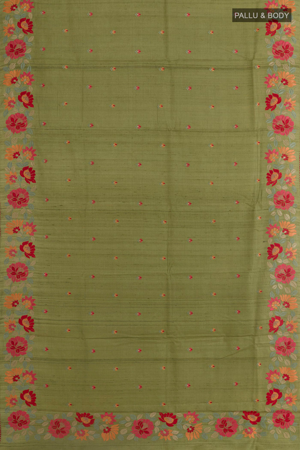 Flat view of Olive Green Tussar Saree with Thread Butta on the body and Embroidery Border. 