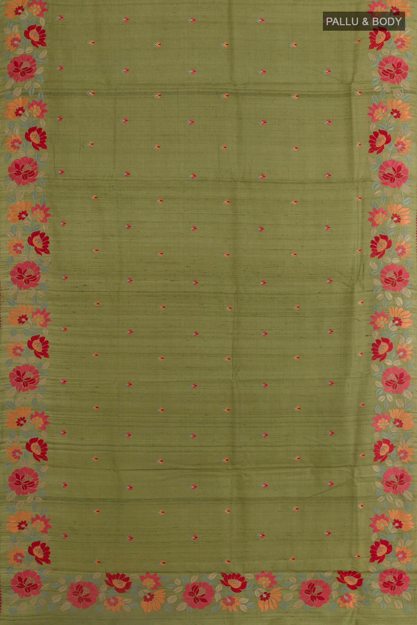 Flat view of Olive Green Tussar Saree with Thread Butta on the body and Embroidery Border. 