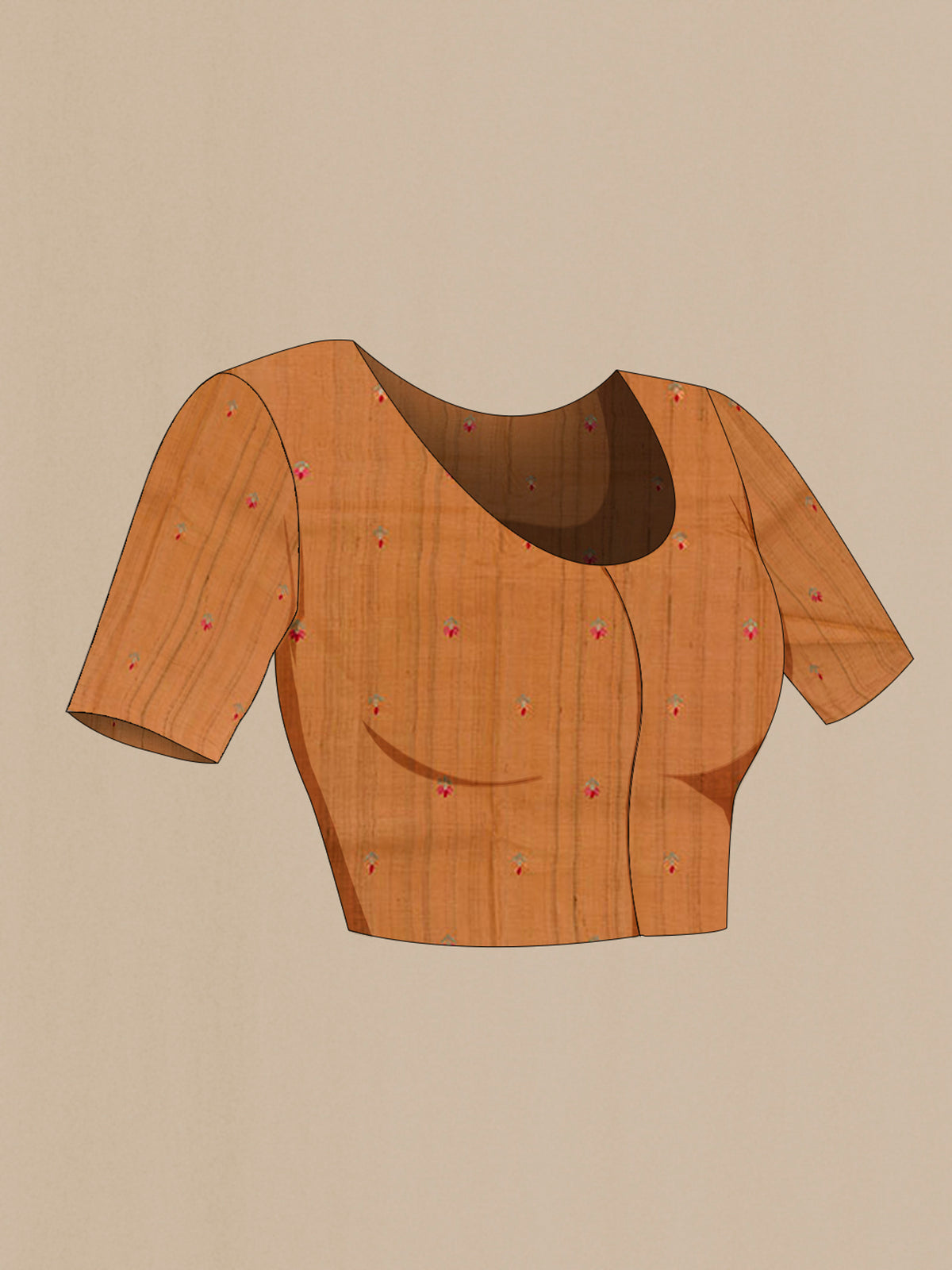 Close up image of the blouse of Mustard Tussar Saree with Thread Butta on the body and Embroidery Border. 