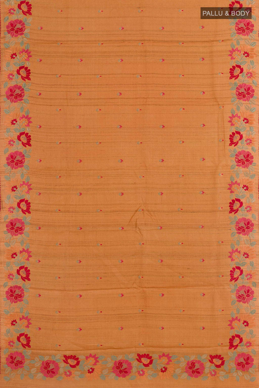 Flat view of Mustard Tussar Saree with Thread Butta on the body and Embroidery Border. 