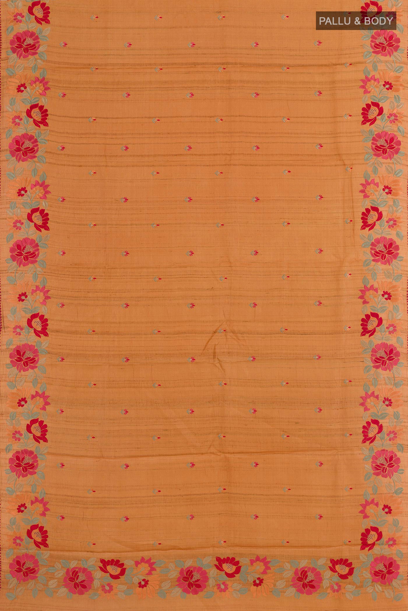 Flat view of Mustard Tussar Saree with Thread Butta on the body and Embroidery Border. 