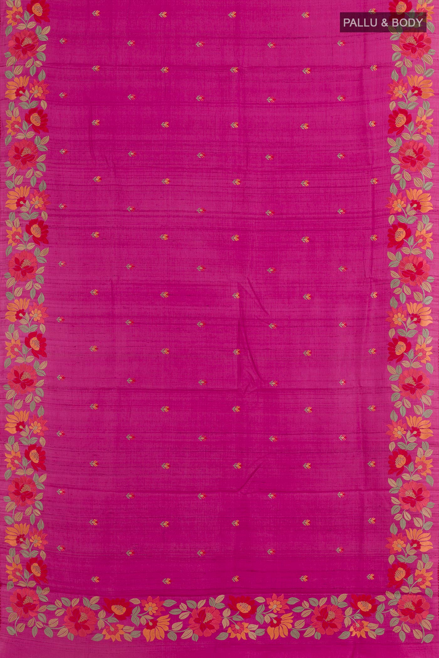 Flat view of Pink Tussar Saree with Thread Butta on the body and Embroidery Border. 