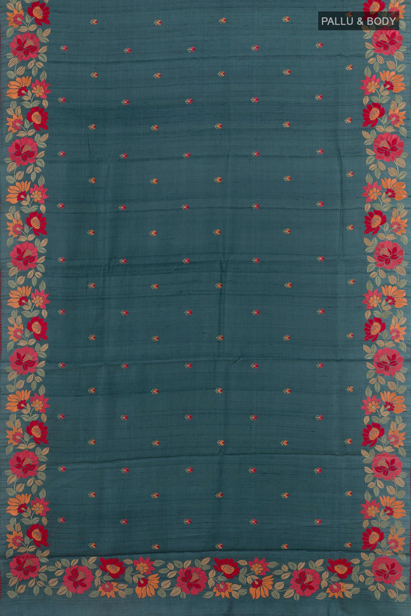 Flat view of Blue Grey Tussar Saree with Thread Butta on the body and Embroidery Border. 