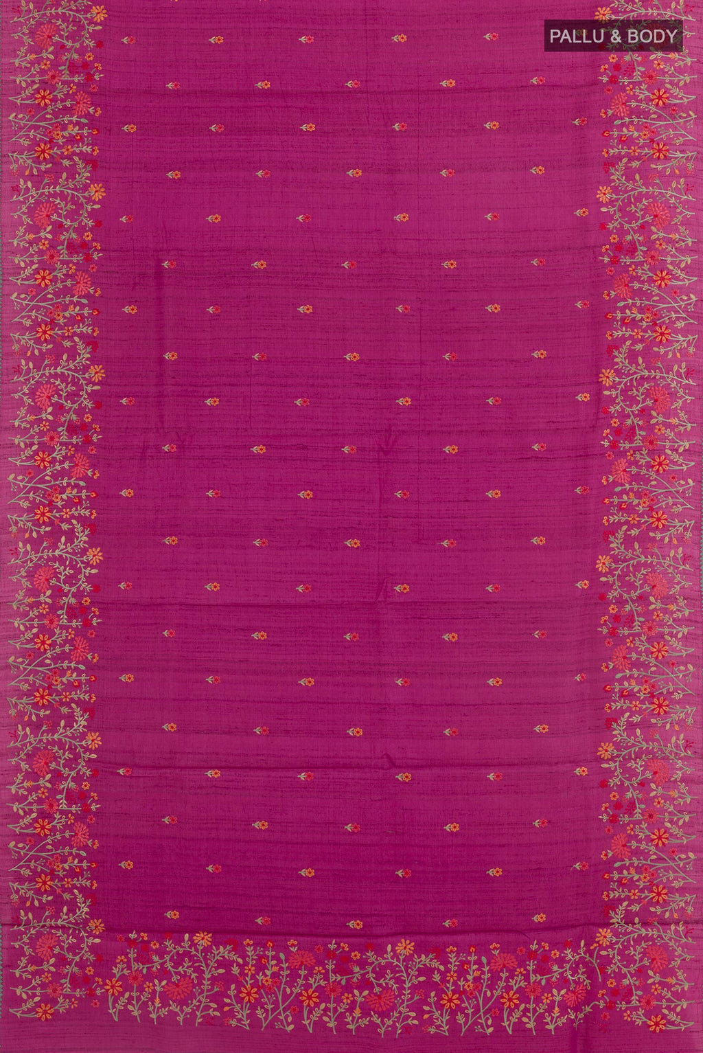 Flat view of Magenta Tussar Silk Saree with Embroidery on the body and Embroidery Border. 