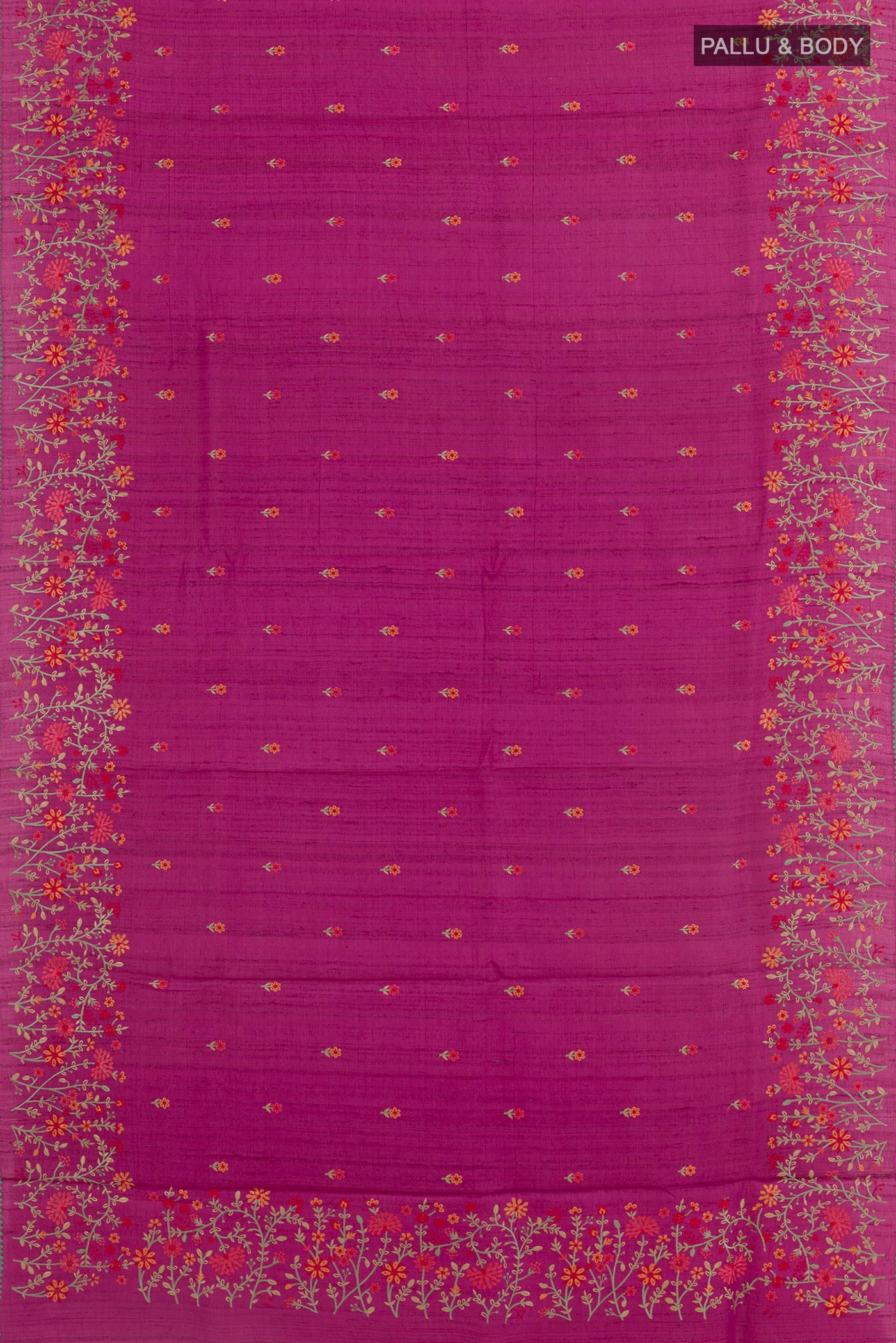 Flat view of Magenta Tussar Silk Saree with Embroidery on the body and Embroidery Border. 