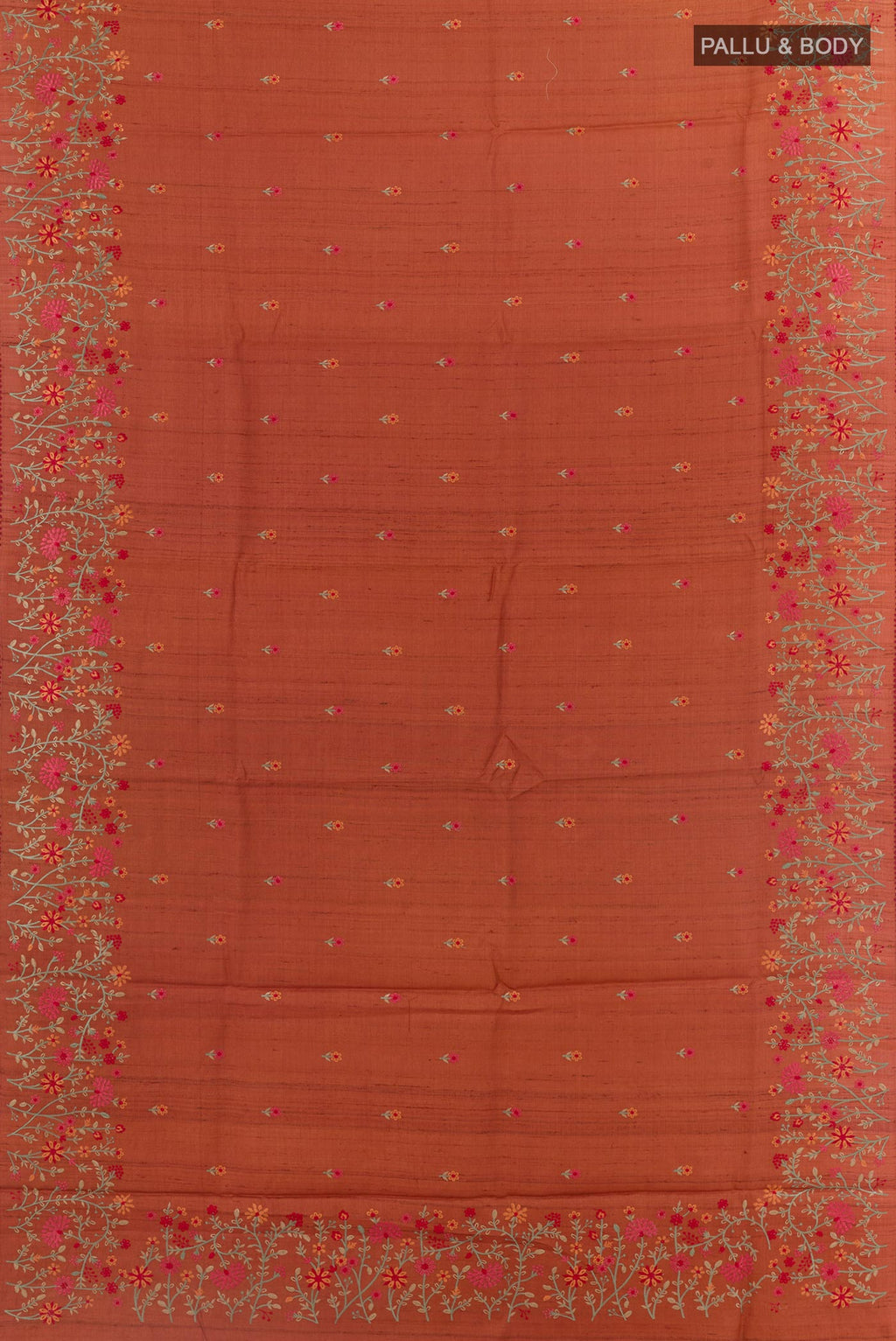 Flat view of Brick Orange Tussar Saree with Embroidery on the body and Embroidery Border. 