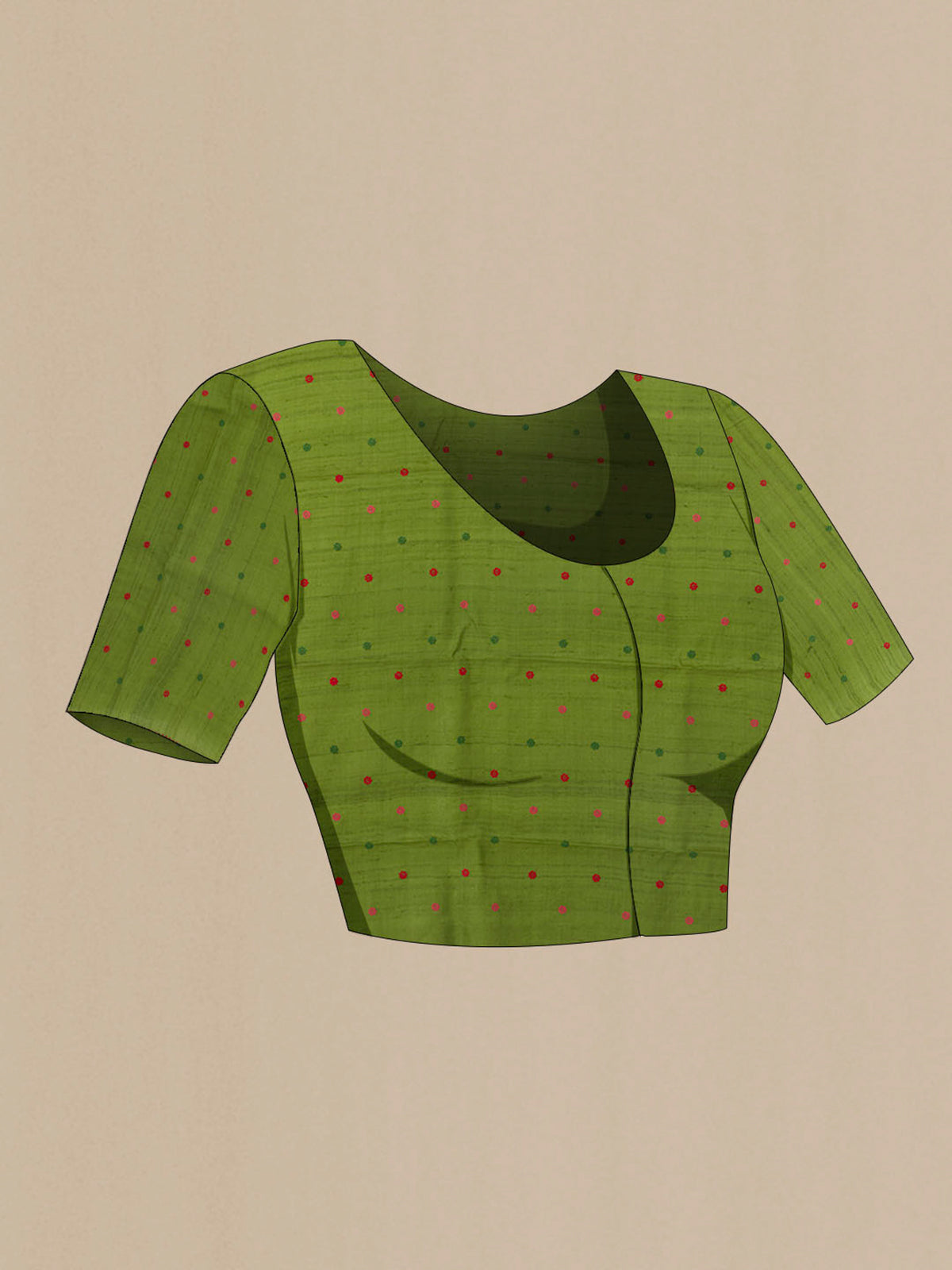 Close up image of the blouse of Green Tussar Saree with Thread Butta on the body and Zari Border. 