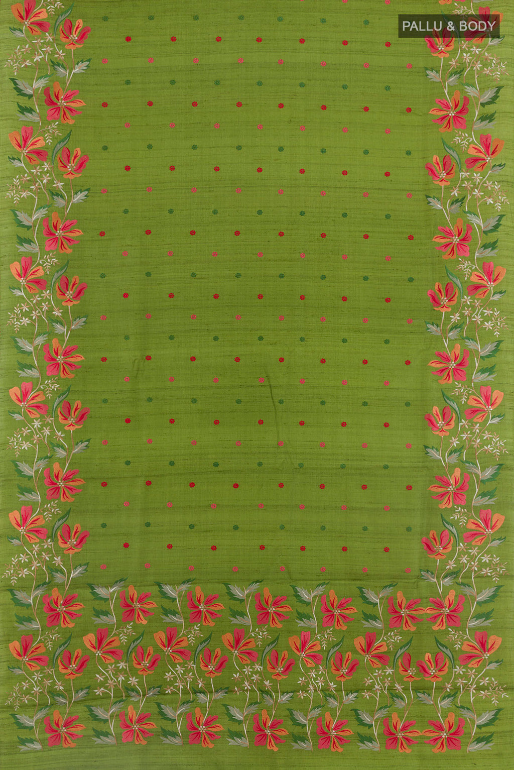 Flat view of Green Tussar Saree with Thread Butta on the body and Zari Border. 