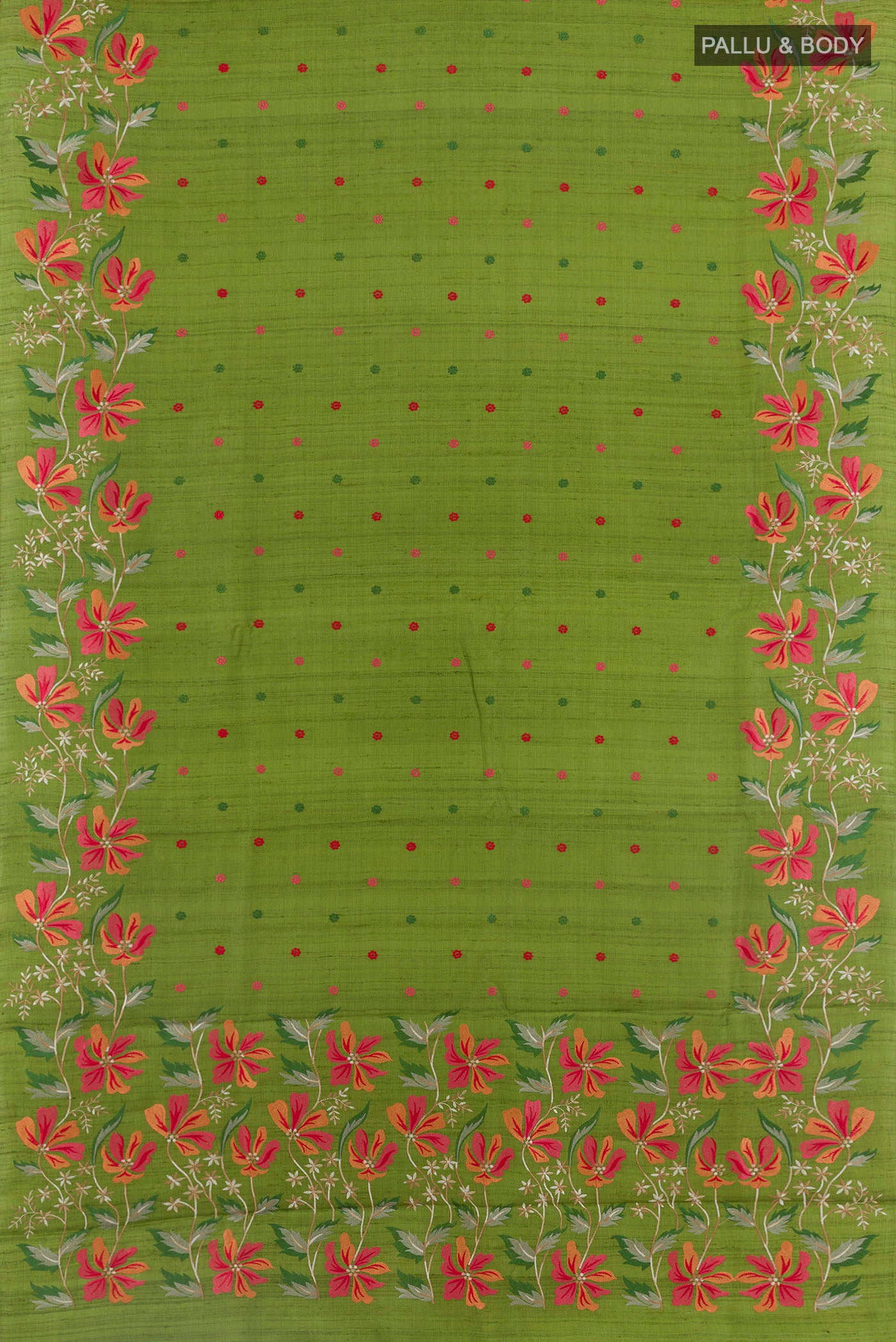 Flat view of Green Tussar Saree with Thread Butta on the body and Zari Border. 