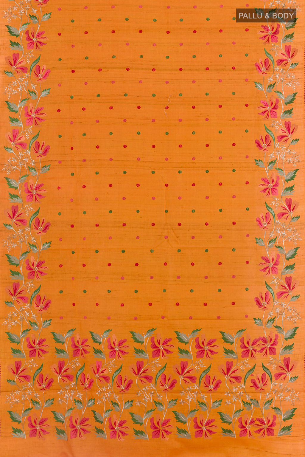 Flat view of Orange Tussar Saree with Embroidery on the body and Embroidery Border. 