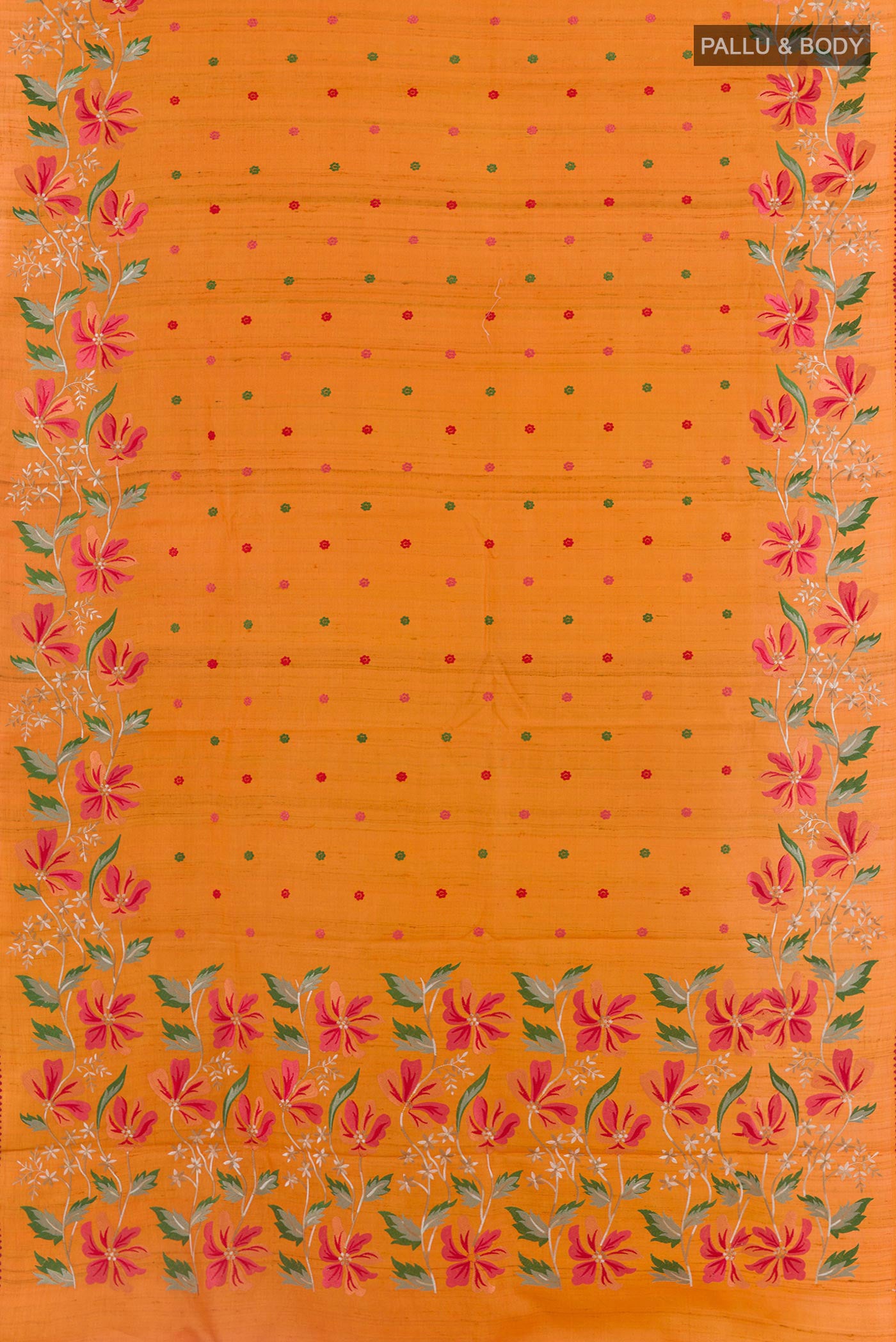 Flat view of Orange Tussar Saree with Embroidery on the body and Embroidery Border. 