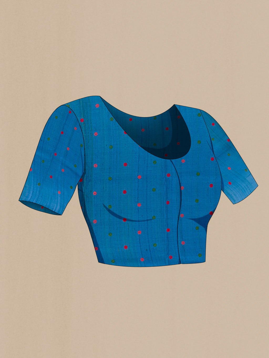 Close up image of the blouse of Blue Tussar Saree with Embroidery on the body and Embroidery Border. 