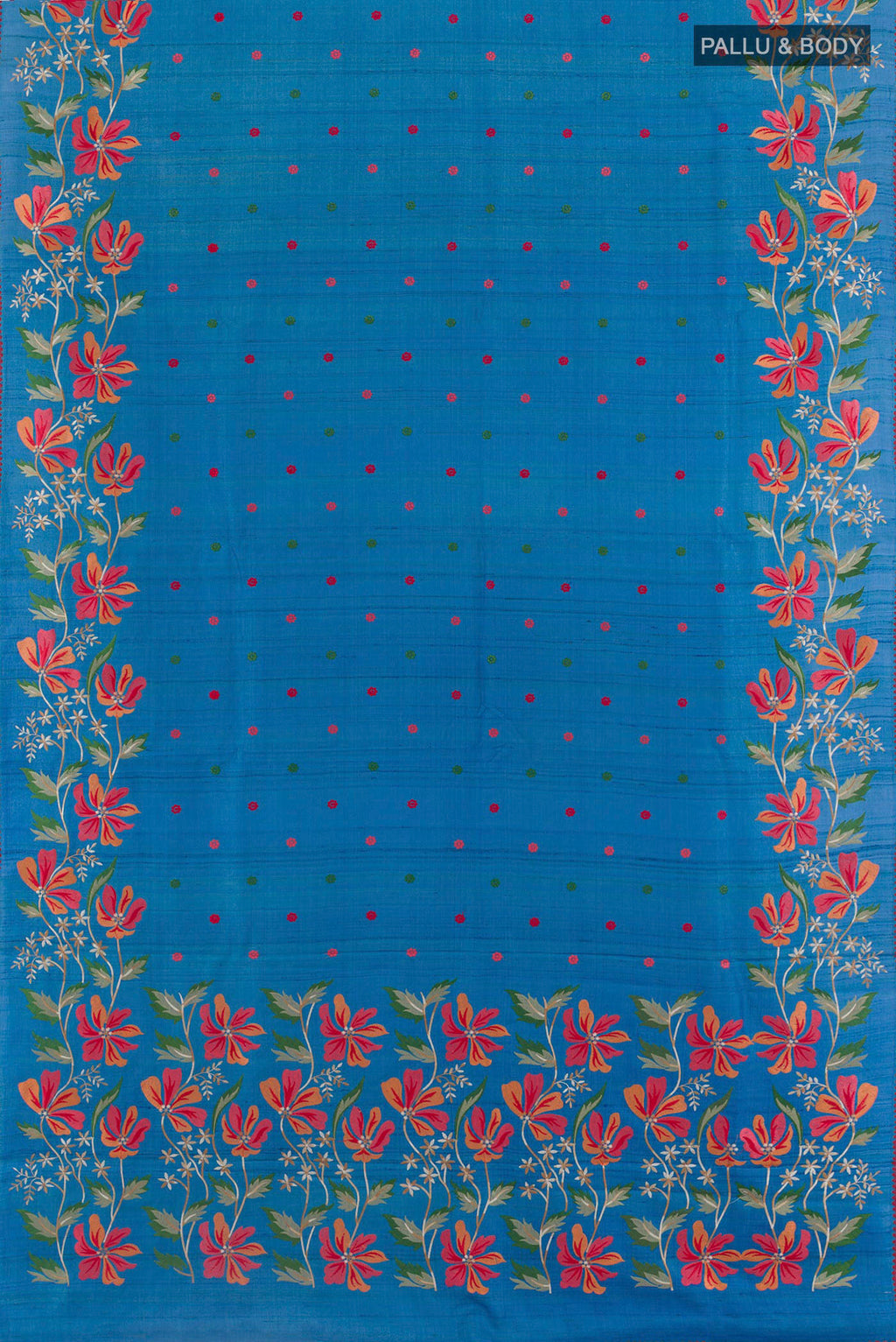 Flat view of Blue Tussar Saree with Embroidery on the body and Embroidery Border. 