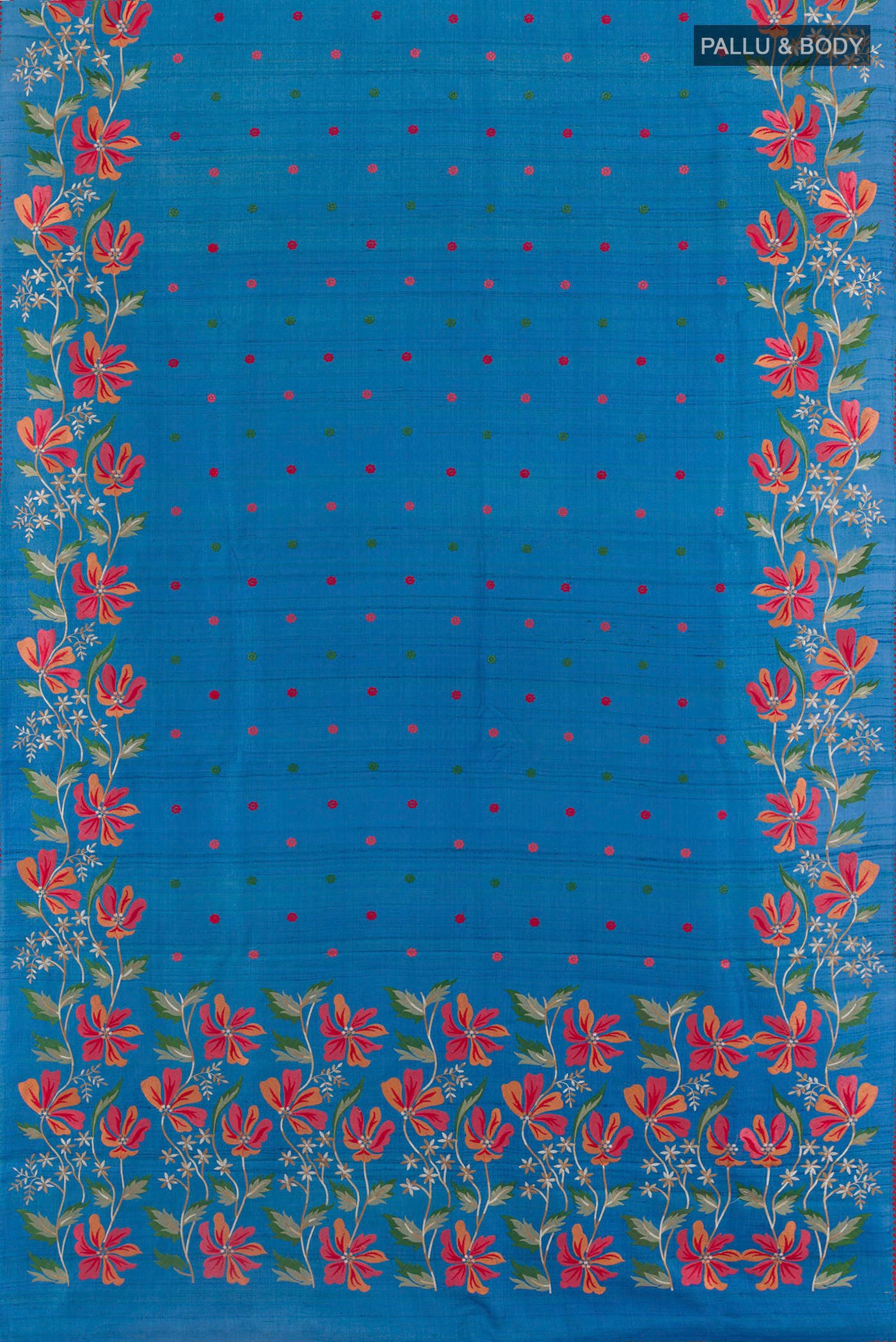 Flat view of Blue Tussar Saree with Embroidery on the body and Embroidery Border. 