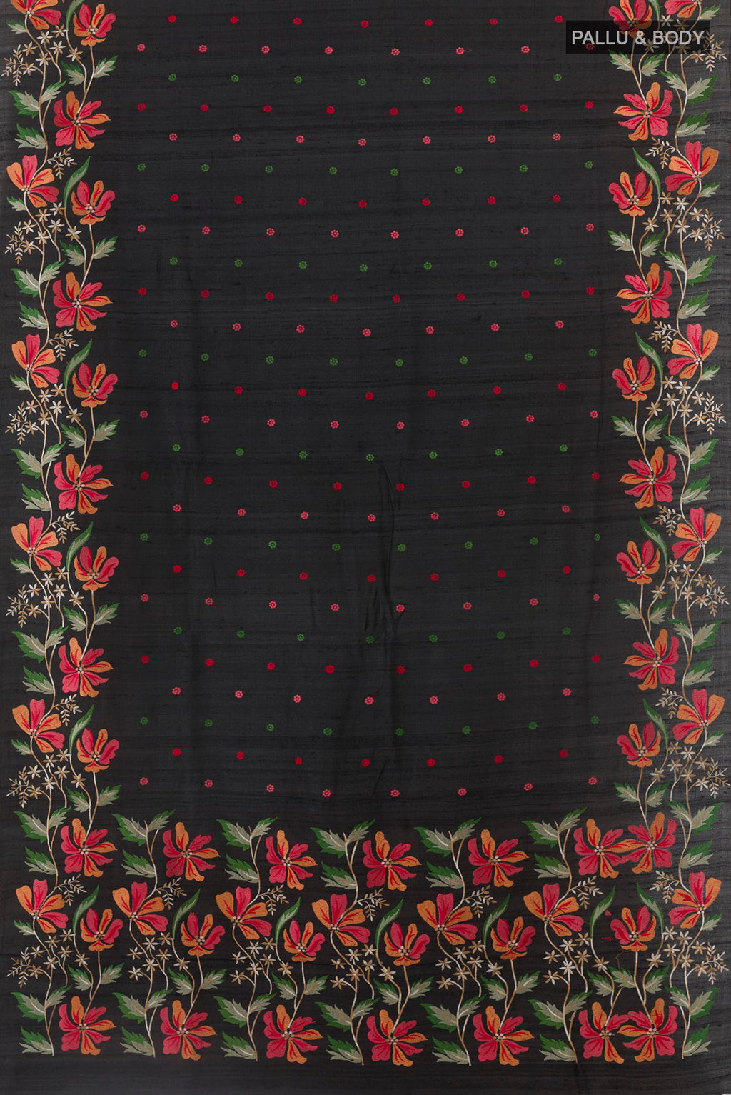 Flat view of Black Tussar Saree with Embroidery on the body and Embroidery Border. 