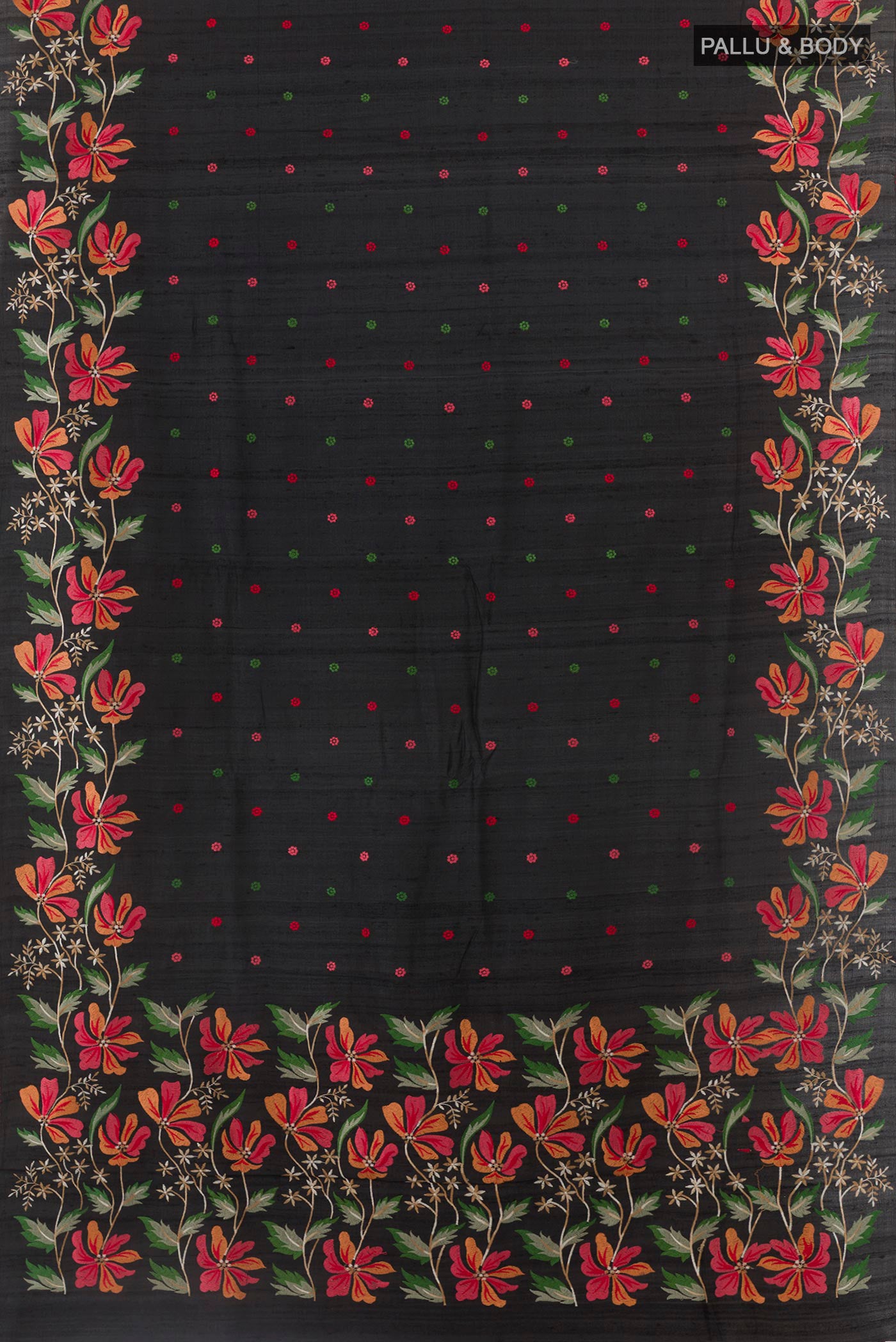 Flat view of Black Tussar Saree with Embroidery on the body and Embroidery Border. 