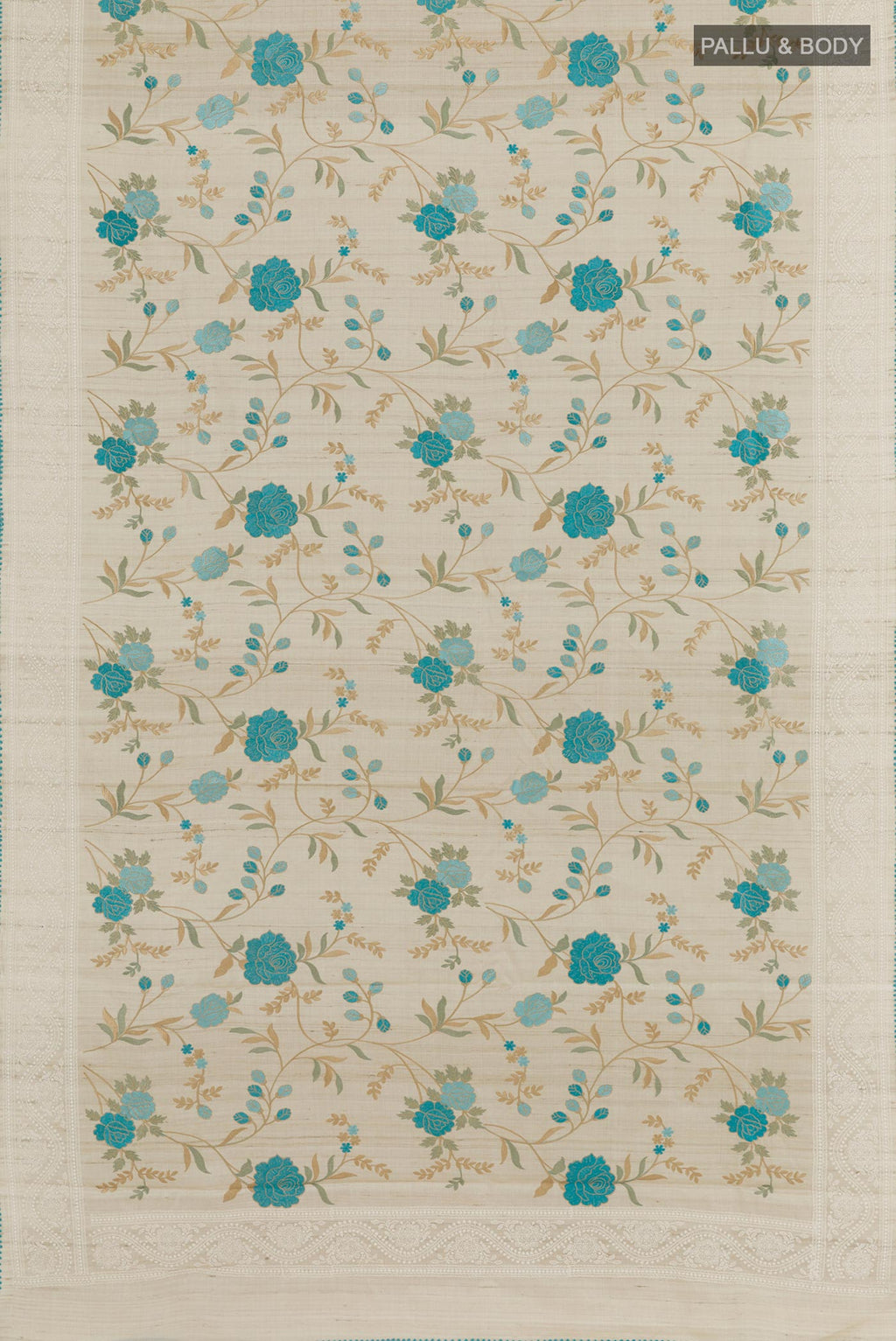 Flat view of Cream Tussar Saree with Thread Butta on the body and Embroidery Border. 