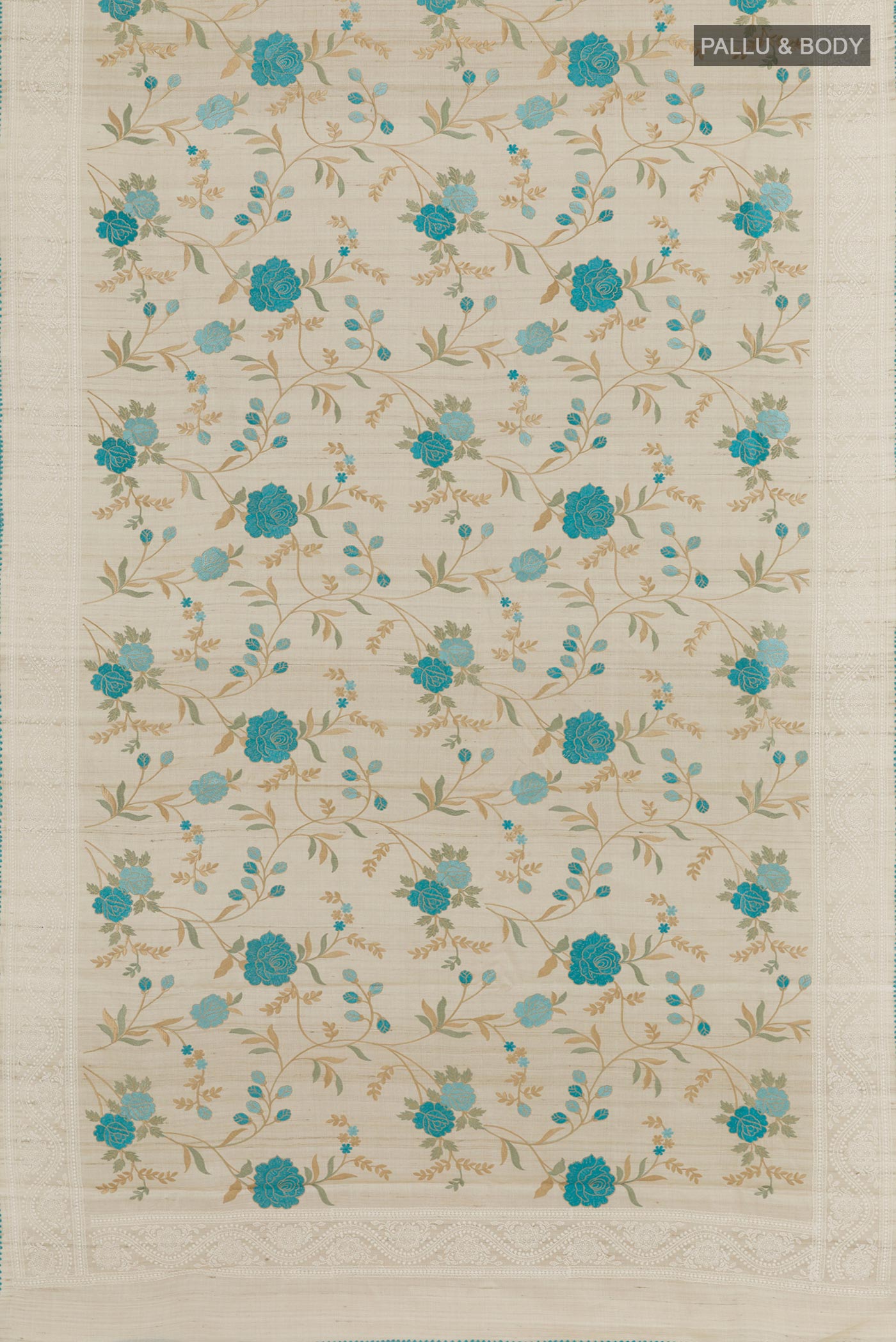 Flat view of Cream Tussar Saree with Thread Butta on the body and Embroidery Border. 