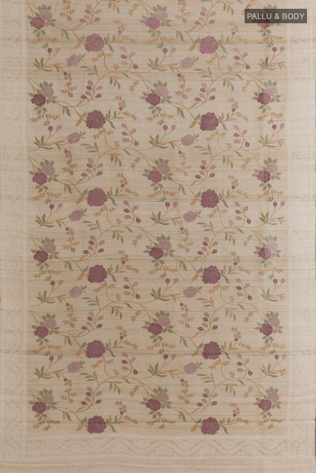 Flat view of Off White Tussar Saree with Embroidery on the body and Embroidery Border. 