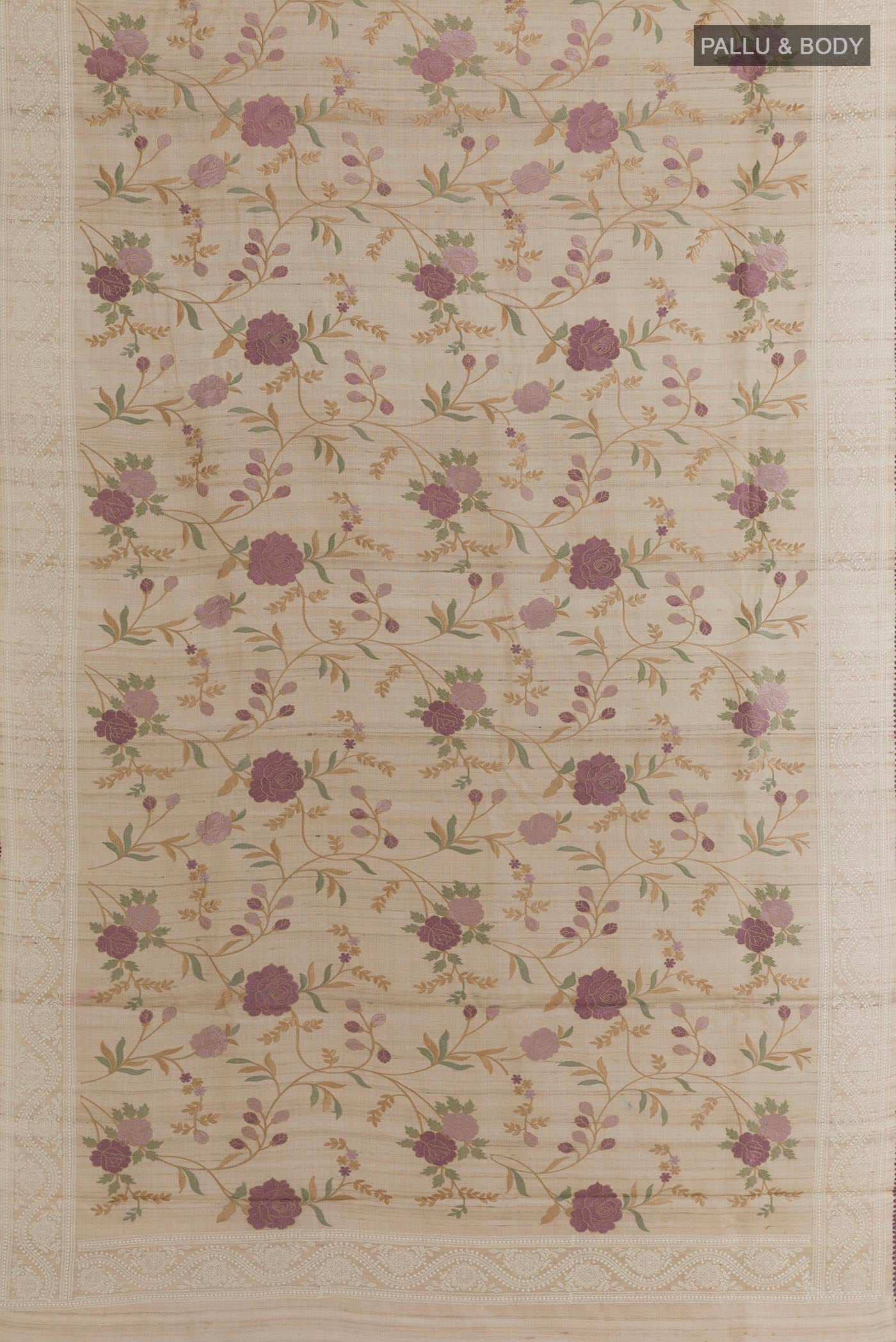 Flat view of Off White Tussar Saree with Embroidery on the body and Embroidery Border. 