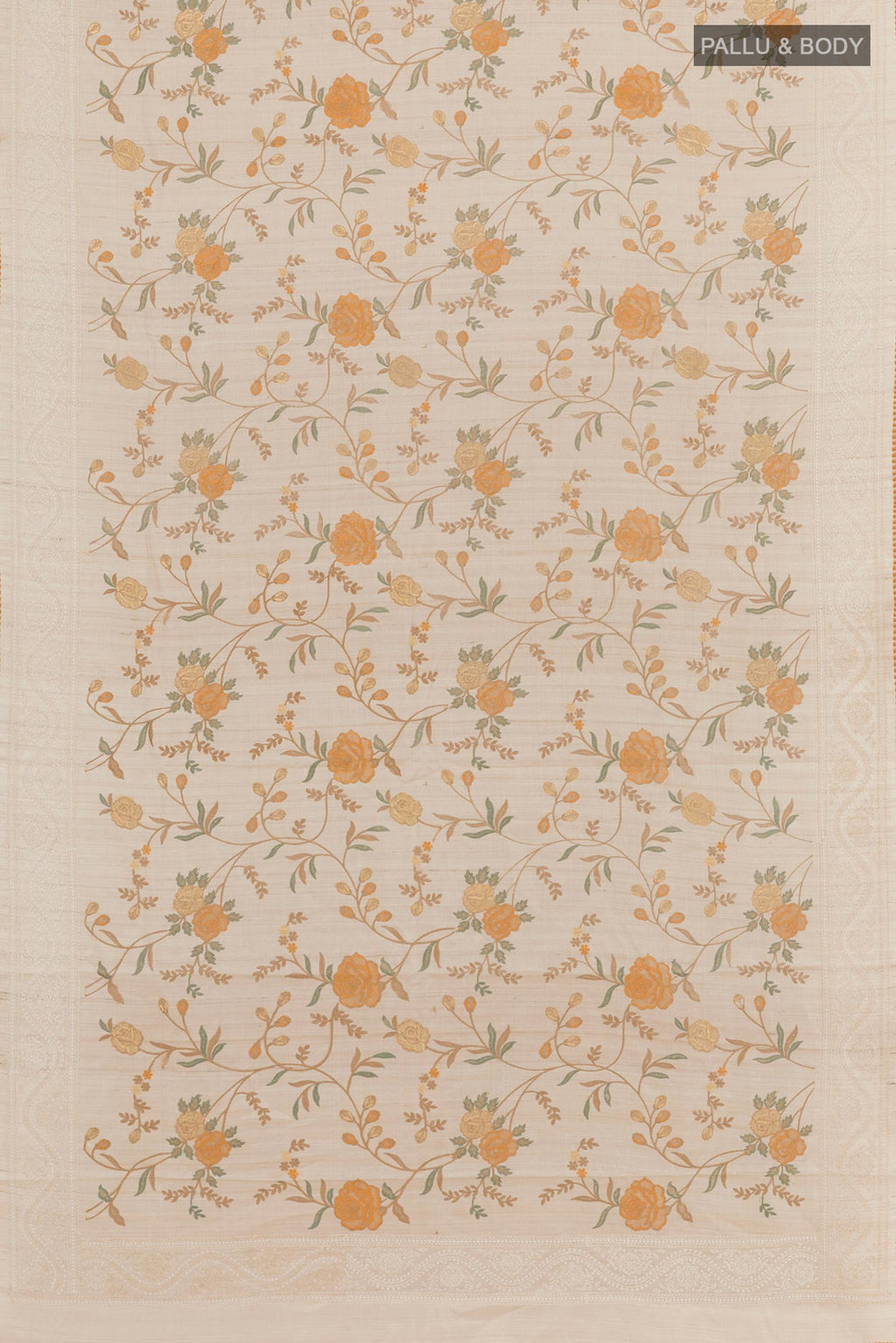 Flat view of Cream Tussar Saree with Thread Butta on the body and Embroidery Border. 