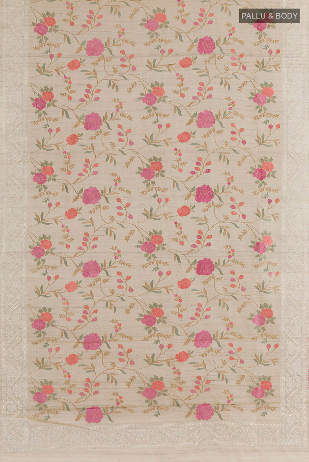 Flat view of Off White Tussar Saree with Thread Butta on the body and Embroidery Border. 